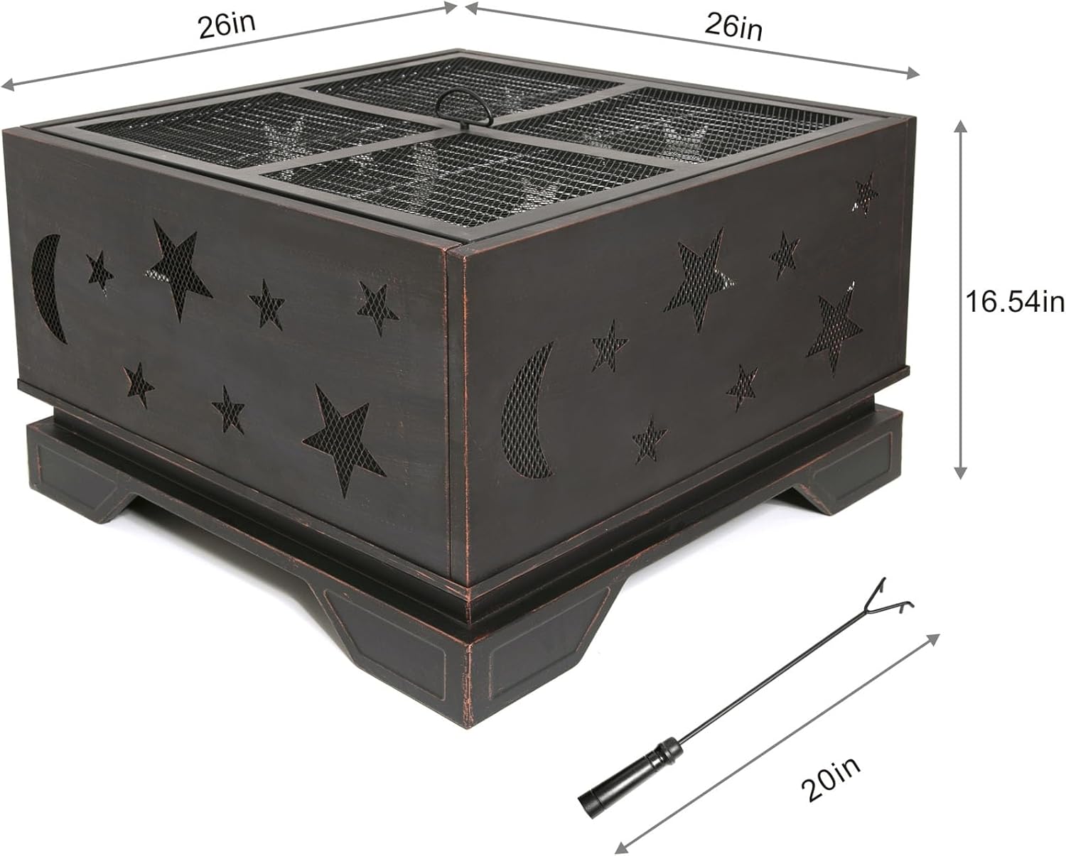 Outdoor Fire Pit Square Wood Burning Stove, 26-Inch Backyard Outside Firepit with Grill Grate, Metal Stove for Patio, Garden, Camping, Picnic Bonfires