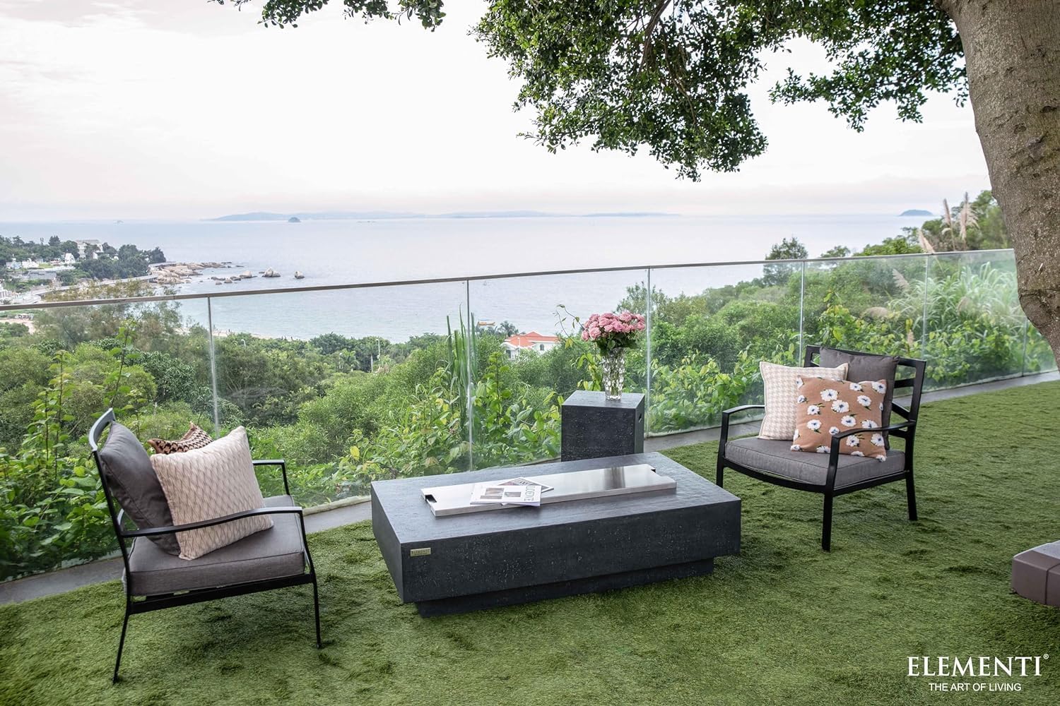 Elementi Hampton Gas Fire Pit Bundle Concrete Fire Table, Outdoor Fire Pit Electronic Ignition | Canvas Cover, Lava Rock Included | Free AMS Wind Guardt | Dark Gray (Propane Gas)