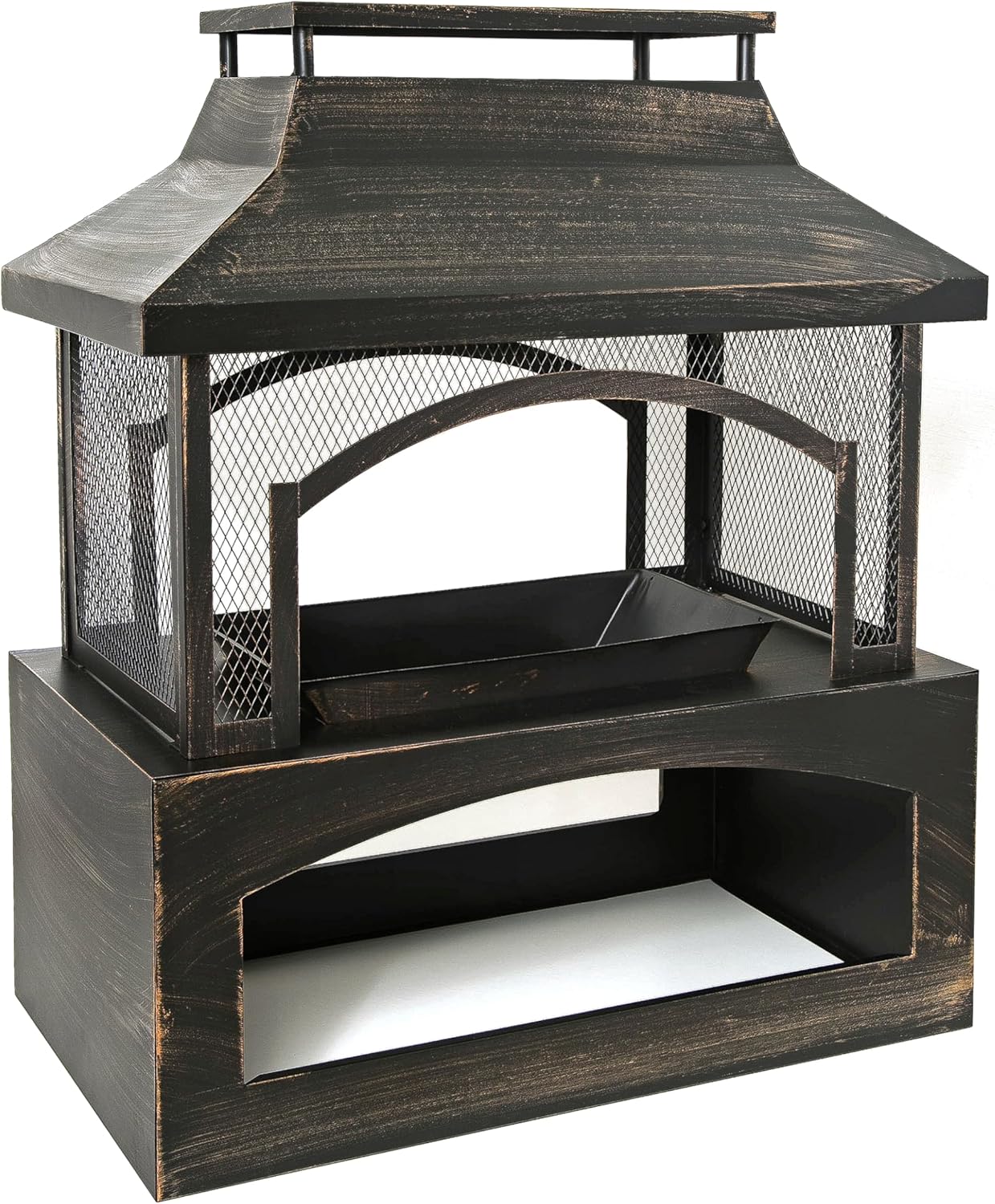 37-Inch Rectangular Metal Outdoor Wood-Burning Fireplace with Built-in Log Storage & Brushed Bronze Finish - Ideal for Patio & Backyard