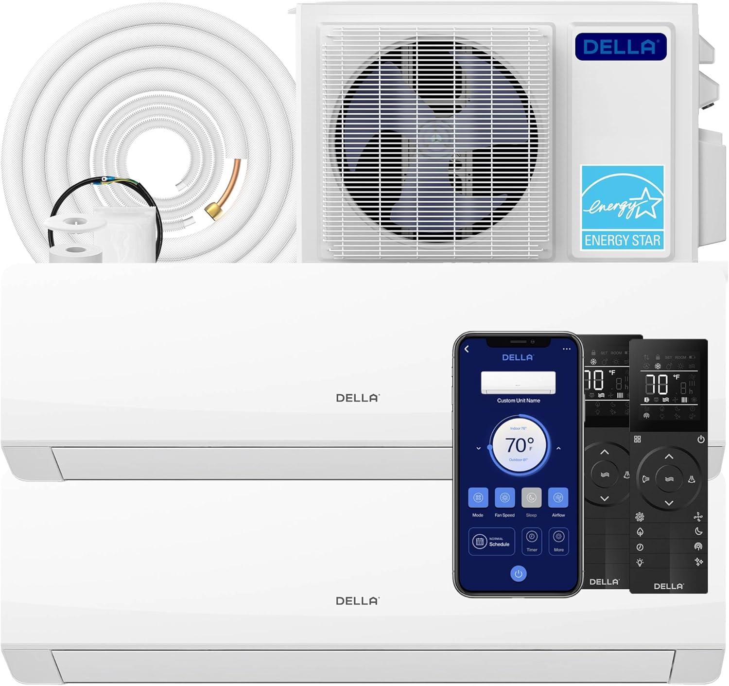 DELLA 18K BTU 2 Zone 7000 7000 BTU Mini Split AC & Heat Pump, Energy Star 22 SEER2 Inverter 230V Ductless AC System for Rooms up to 600 Sq.Ft, WiFi & Voice Control, Pre-Charged,16.4ft Install Kit