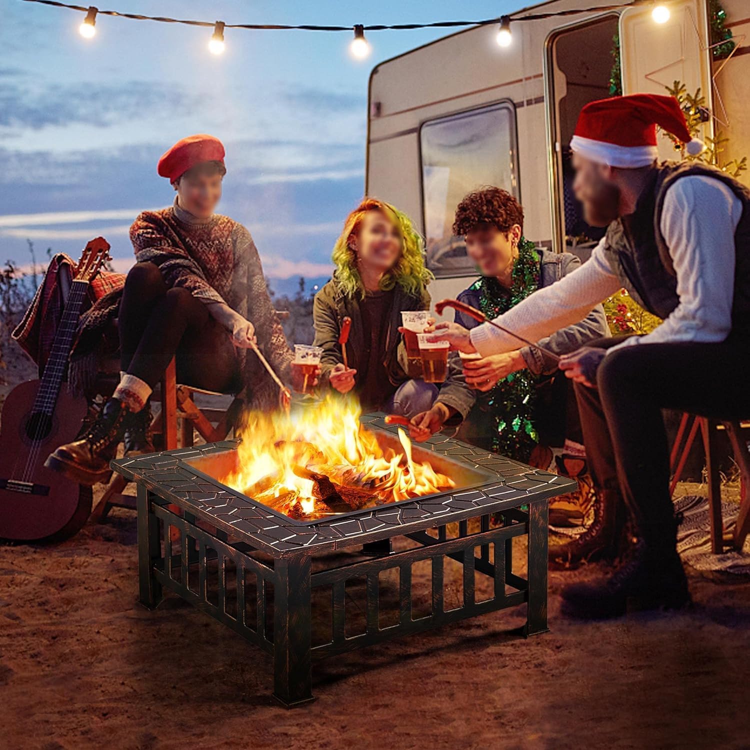 34in Fire Pit Table Outdoor Fire Pits Square Steel Stove with Mesh Screen, Waterproof Cover Poker for Outside Patio Bonfire Camping (Copper)