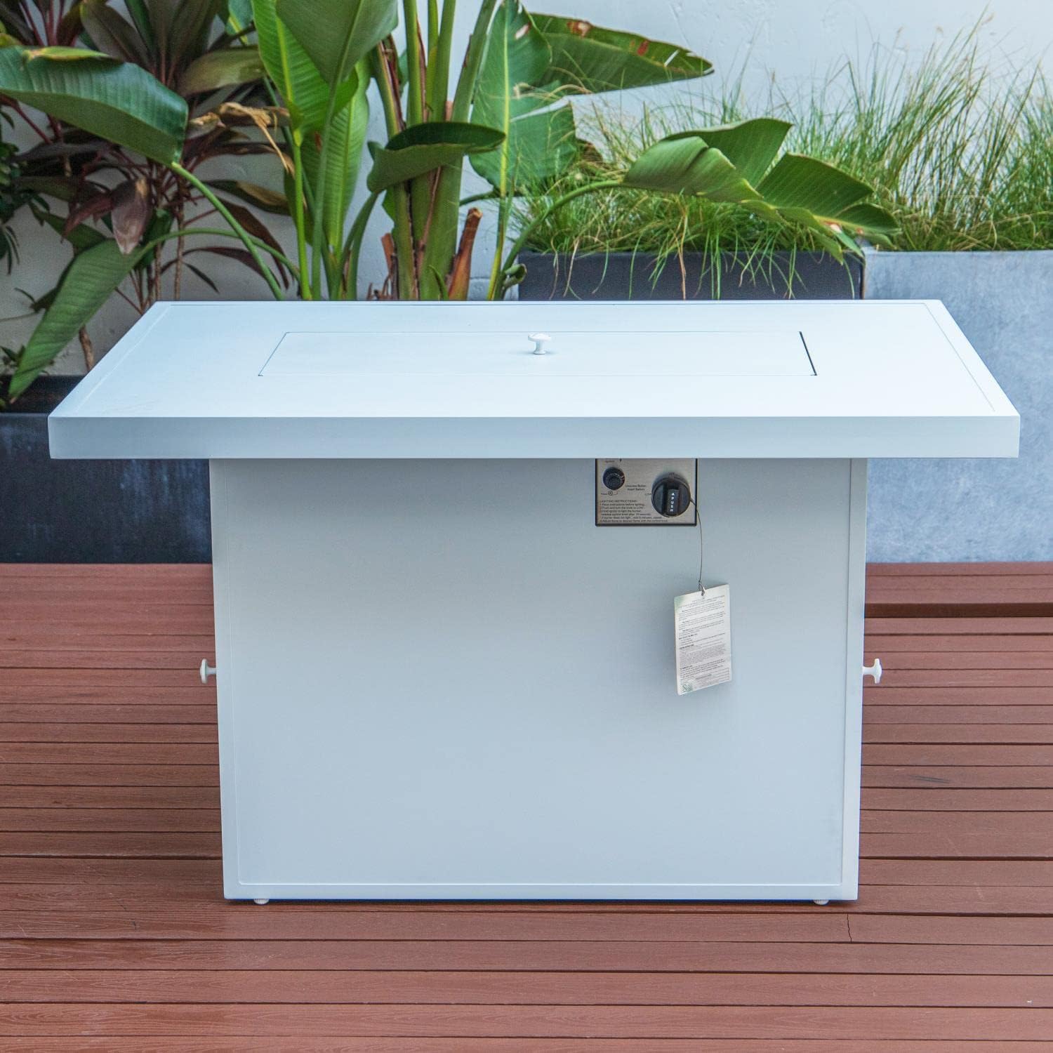 LeisureMod Chelsea Propane Fire Pit 44 Inch 55,000 BTU Auto-Ignition Gas Fire Pit Table with lid, Wind Guard and Decorative Stones Aluminum Frame (White)