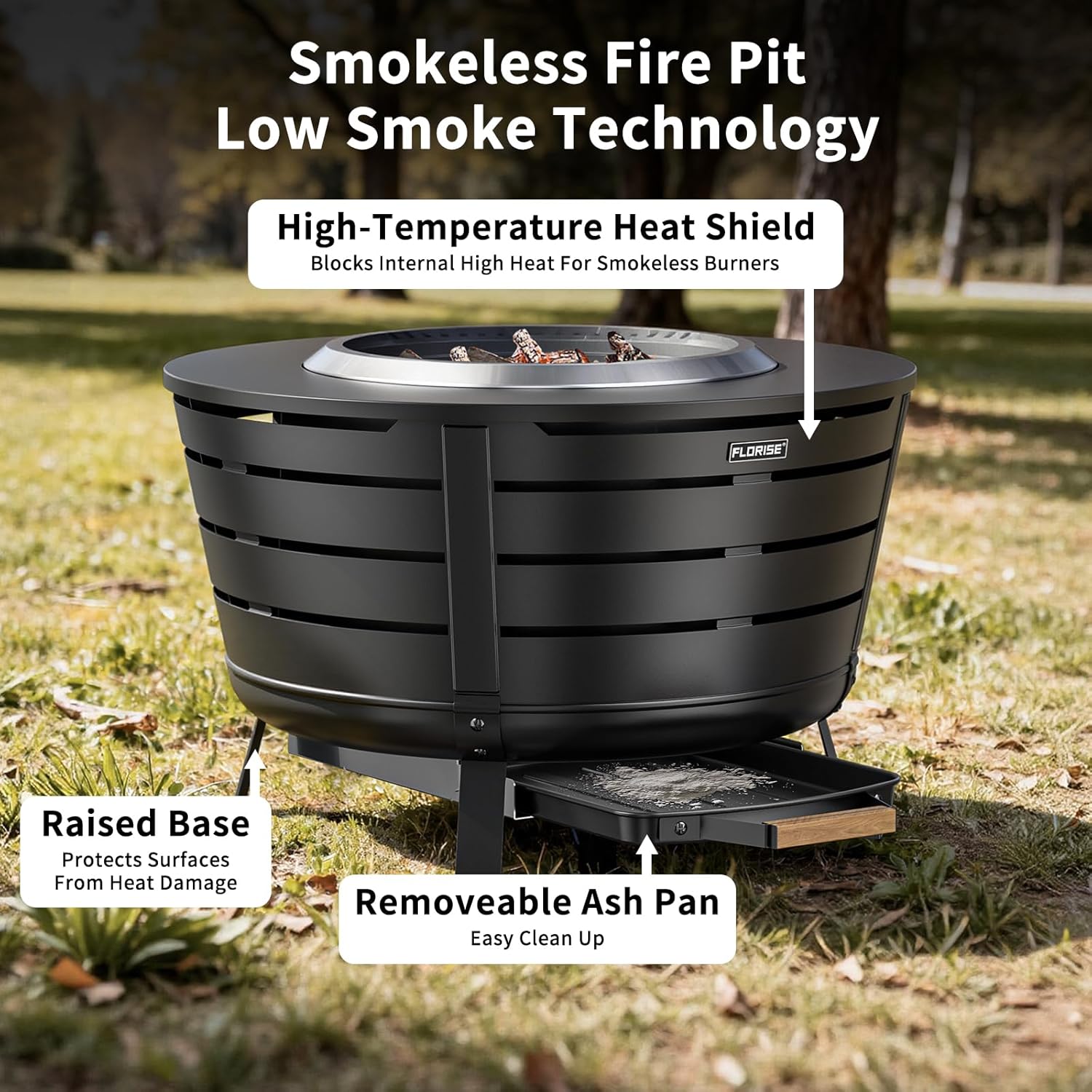 26.5 Inch Smokeless Fire Pit, Outdoor Portable Fire Pit with Stand, Removable Ash Pan & Heat Shield, Large Wood Burning Firepit Bonfire for Outside, Backyard, Patio,Camping