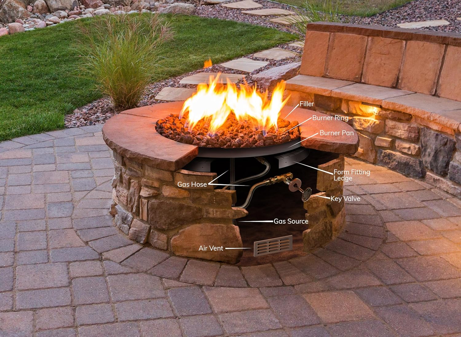 Golden Flame 36 in Round Fire Pit Pan with 24 in Stainless Steel Burner Ring, Weatherproof Whistle- for Patio, Compatible with Natural or Propane Gas