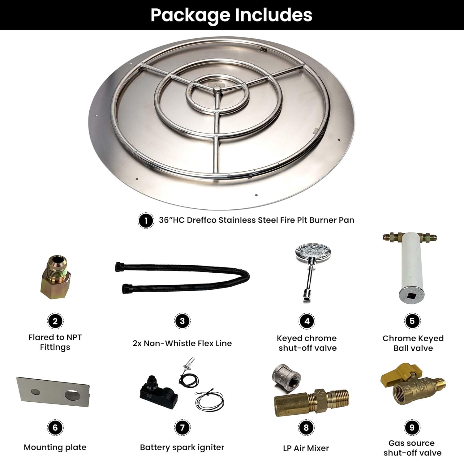 Stainless Steel Fire Pit Burner Pan & Ring Pro Kit for Liquid Propane, 36-Inch Pan, 30-Inch Ring, 250,000 BTU Max
