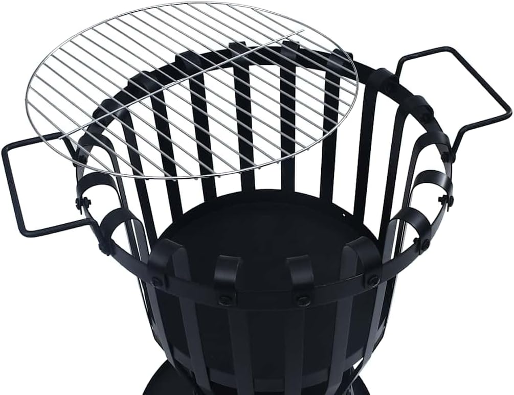 vidaXL Powder-Coated Steel Garden Fire Pit with Cook Grill – Portable BBQ Fire Basket with Stable Base – Ideal for Garden, Backyard, Outdoor and Patio – Black, 19