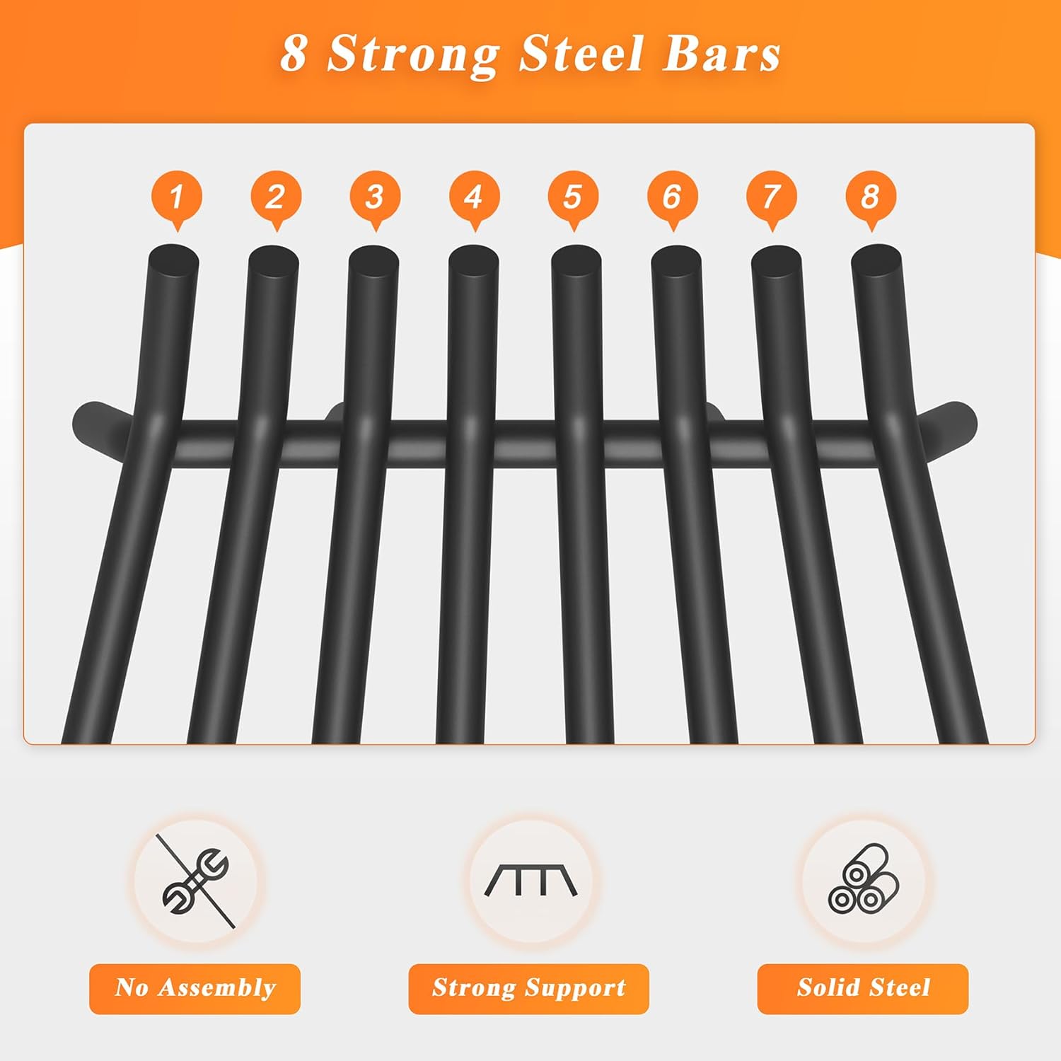 Fireplace Grate 24 Inch with 8 Support Legs, Round Solid Steel Heavy Duty Fireplace Log Holder with Fire Tongs & Poker, Fireplace Log Grate for Indoor Fireplace and Outdoor In-ground Firepit