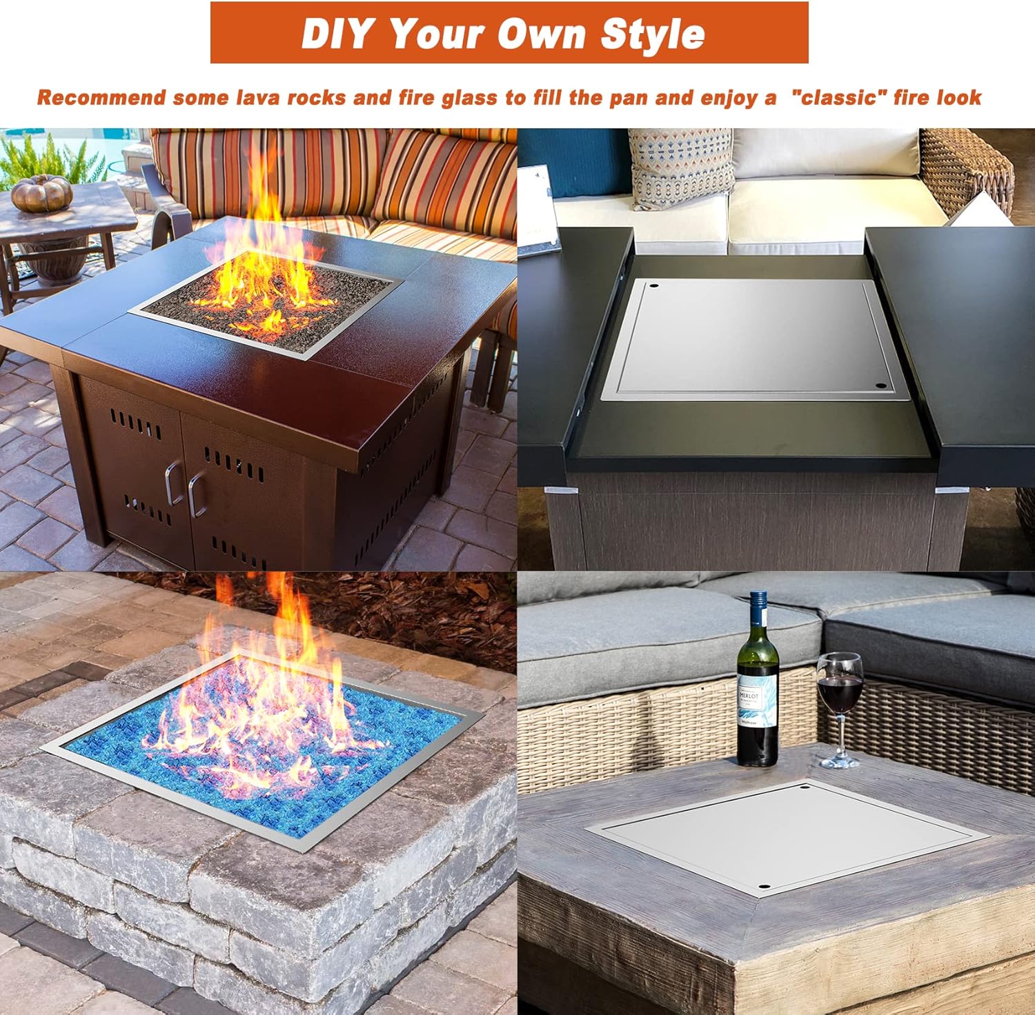 Skyflame 12 inch Square Stainless Steel Drop in Fire Pit Burner Pan with Burner Ring and Protective Cover, Outdoor DIY Firepit Kit for Both Natural Gas and Liquid Propane