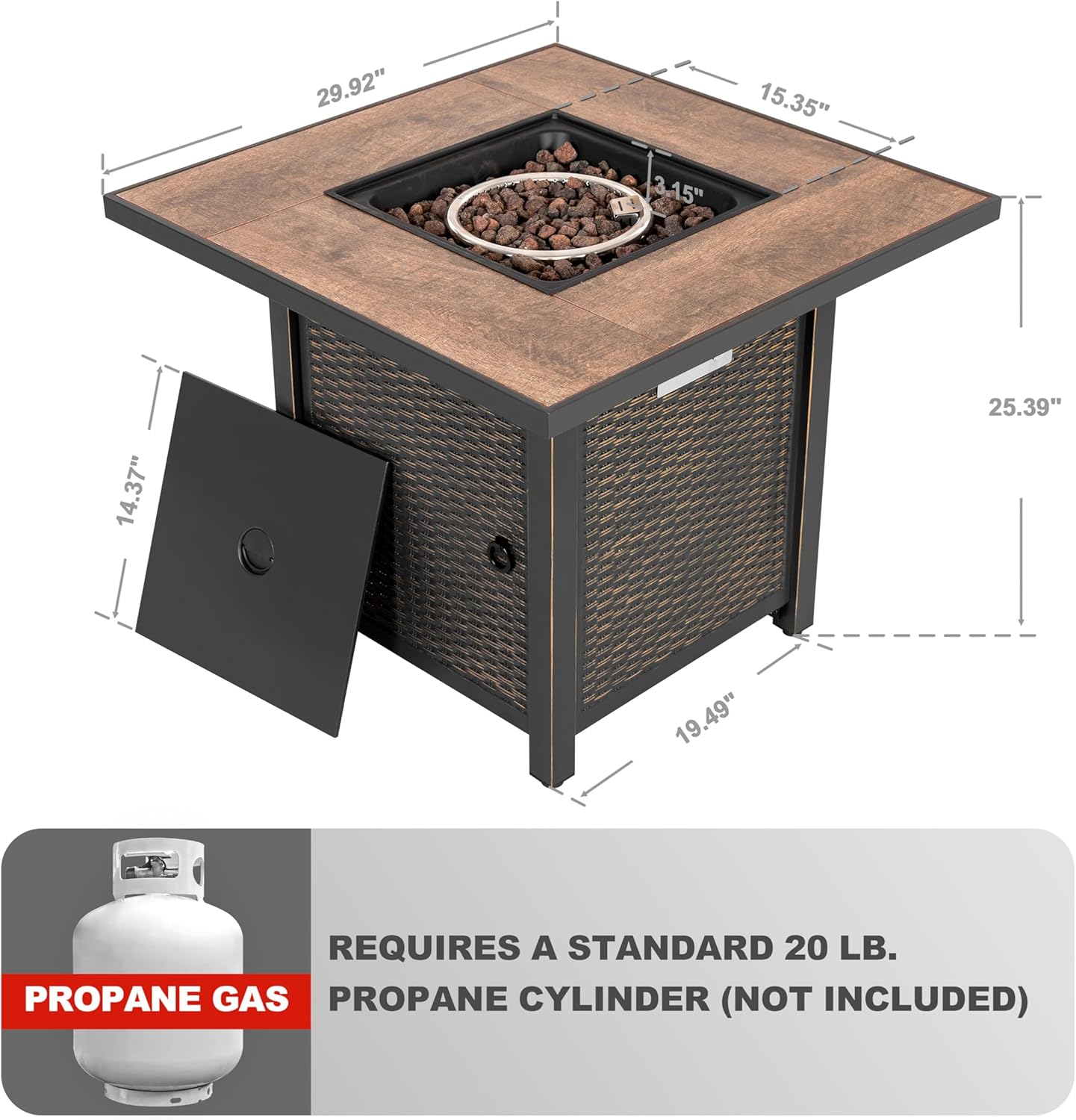 Nuu Garden 30 Inch Outdoor Propane Fire Pit Table, 50,000 BTU Square Gas Fire Table with Ceramic Tabletop, Lid, Cover and Lava Rock for Patio Outside Garden Backyard Party, Brown