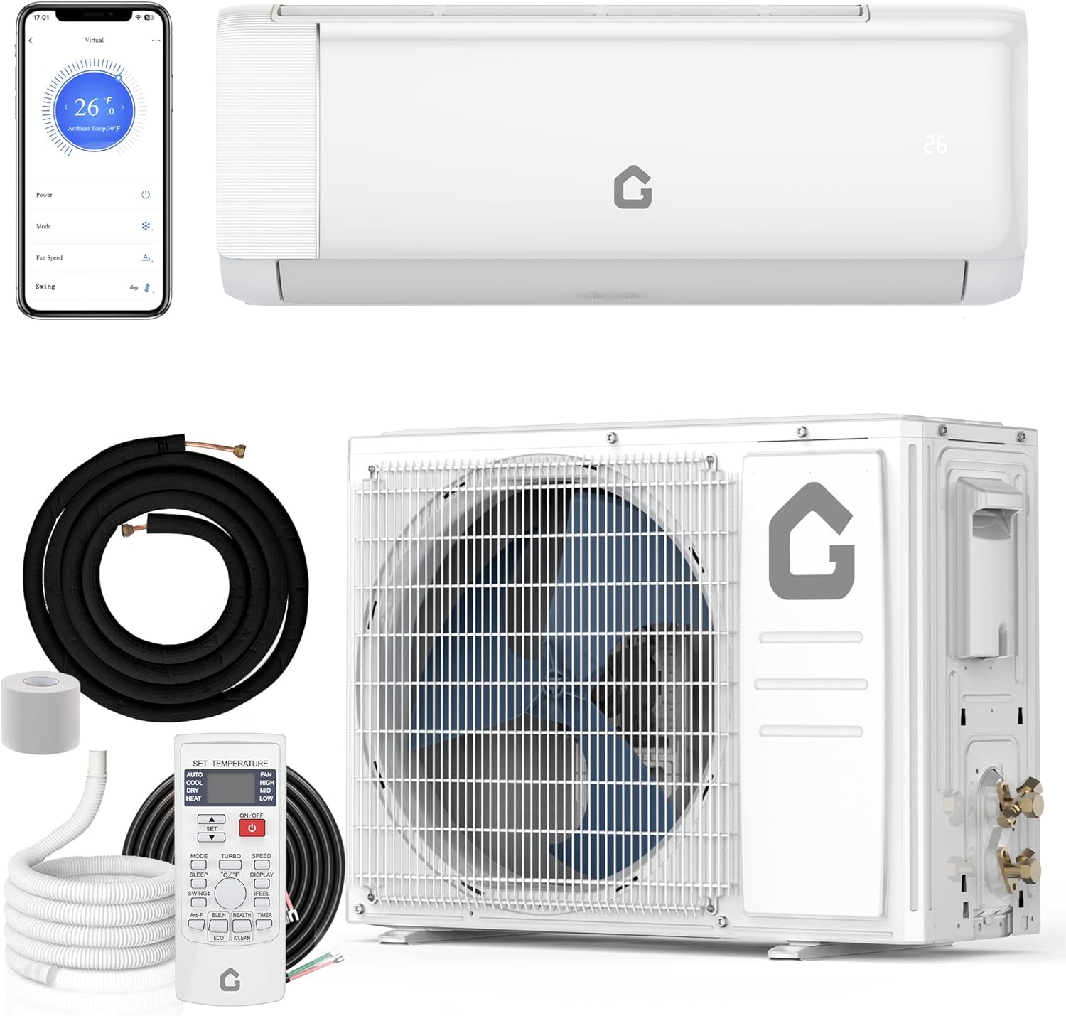 12,000 BTU Mini Split Air Conditioner,22 SEER2,750 Sq.Ft Cooling/Heating,Smart Inverter,Alexa WiFi Control, 5 Modes (Cool/Heat/Dehumid/Fan/Sleep), ECO Mode,3D Airflow,Self-Clean,Professional Kit