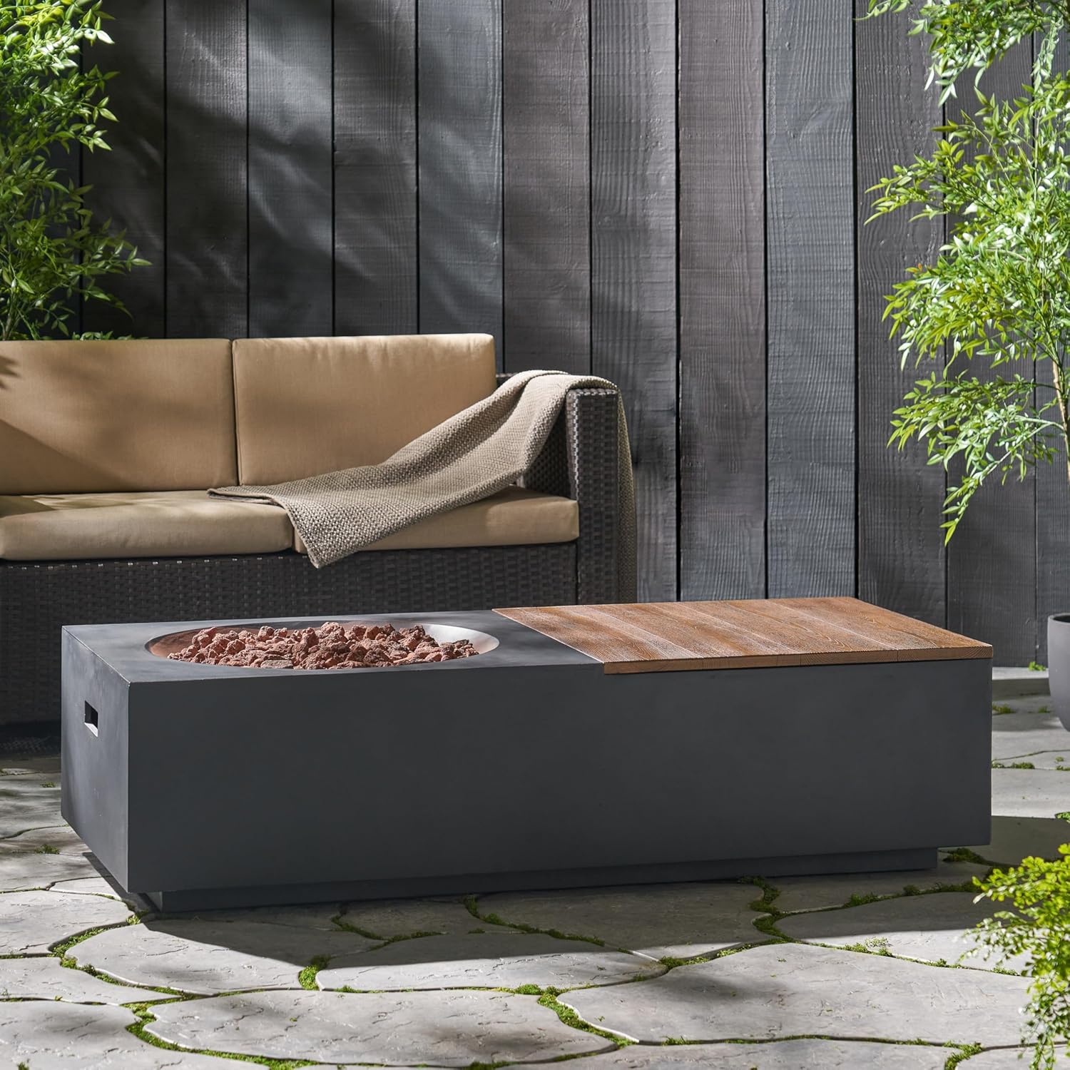 Outdoor 50,000 BTU Lightweight Concrete Rectangular Fire Pit Table with Storage, Dark Gray and Natural Brown (Tank Cover not Included)