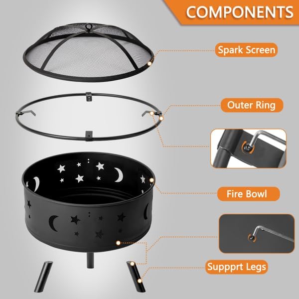30IN Metal Fire Pit, Outdoor Black Fire Pit with Mesh Screen Lid & Poker, Heavy Duty Iron Fire Bowl for Patio Garden Backyard, Fireplace for Warmth & Camping Bonfire