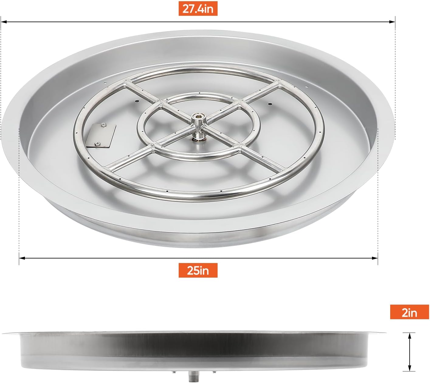 Dollate Drop-in Fire Pit Kit 25 Inch, Round Fire Pit Insert H Burner with Spark Ignition and Propane Hose Kit, Fire Pit Pan for Indoor or Outdoor Decorative Fireplace