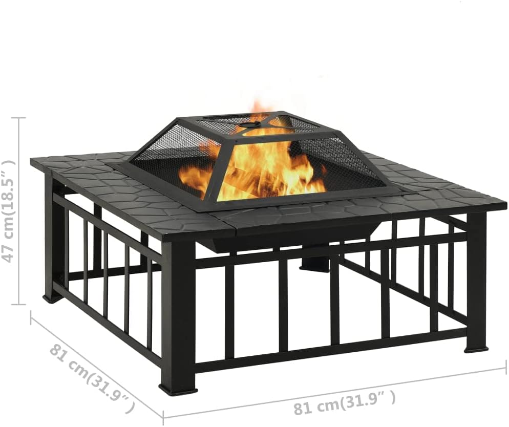 vidaXL Garden Fire Pit Set - XXL Black Steel Fire Pit with Poker and Mesh Cover, Heat Absorbing, Dual Purpose as Ice Bucket