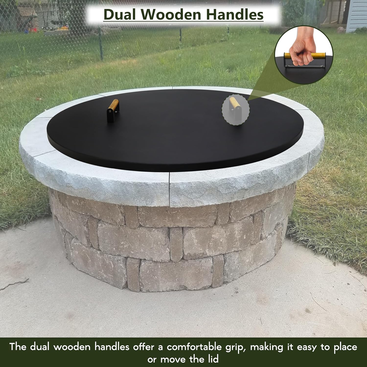 Febtech 38 Inch Solid Firepit Shield - 16 Gauge Heat Resistant Coated Carbon Steel Fire Pit Cover Round with 2 Ergonomic Wooden Handles - Fit for Fire Pit Inside Dia Up to 36