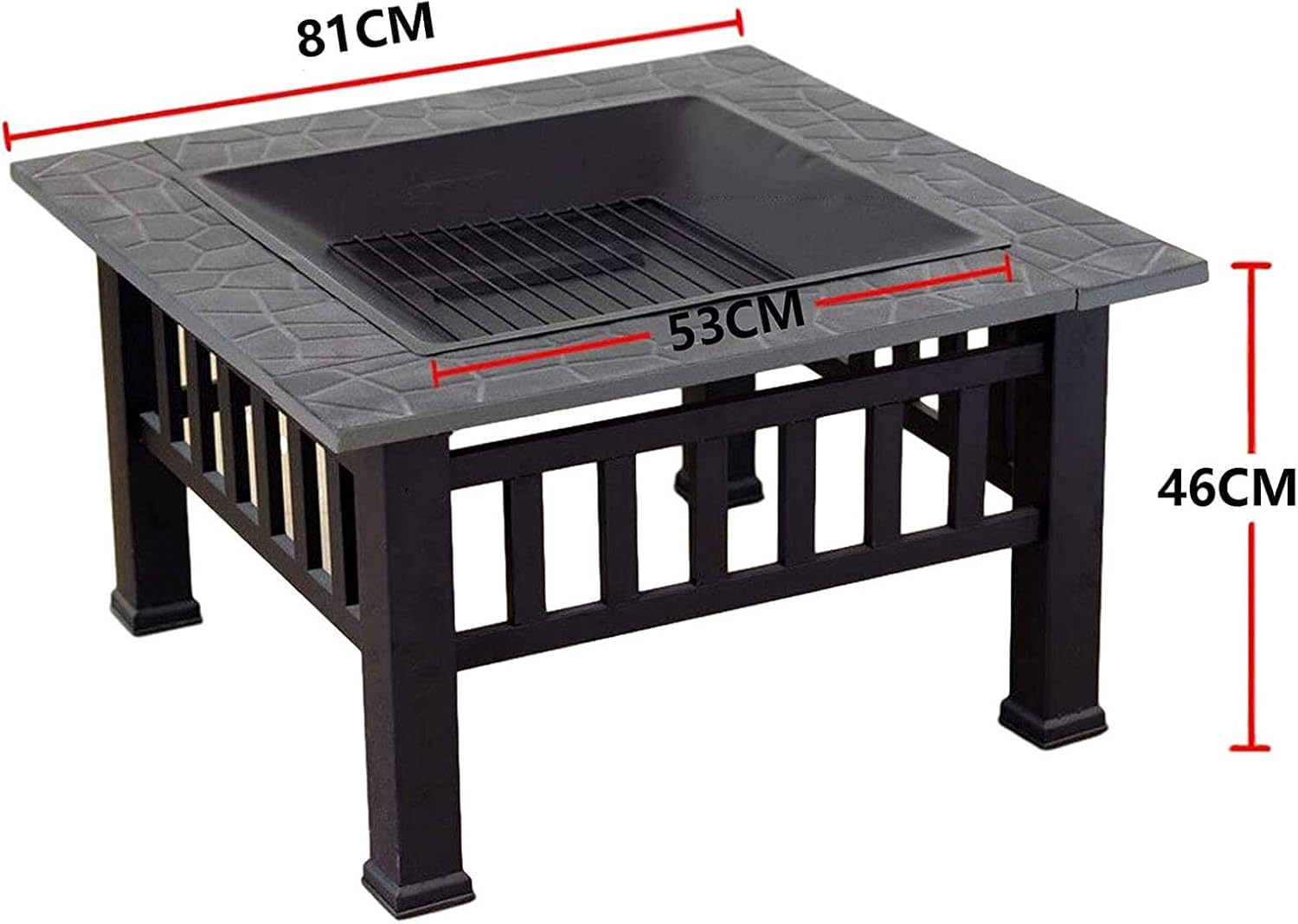 Outdoor Fire Pits,Metal Square Firepit Patio Stove BBQ Grill Fire Pit Bowl with Spark Screen Cover,Log Grate,Poker