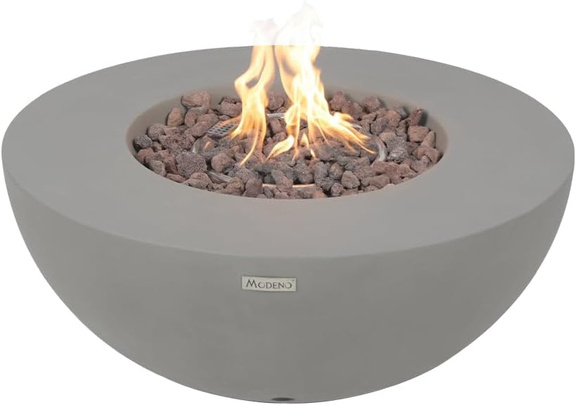 Modeno ROCA Outdoor Gas Firepit Table 34 Inches Fire Pit Patio Heater Concrete Outside Electronic Ignition Backyard Fireplace Cover Lava Rock Included Natural Gas