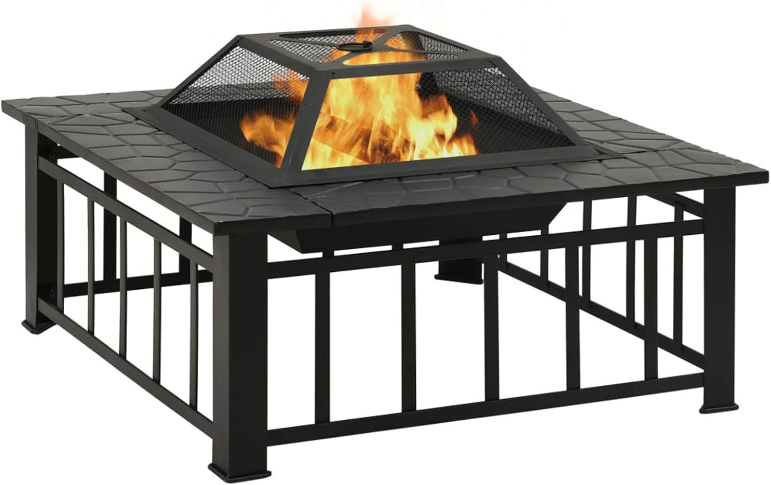 Garden Fire Pit, XXL Steel 31.9x31.9x18.5 Inch with Poker and Mesh Cover for Outdoor Patio and Garden