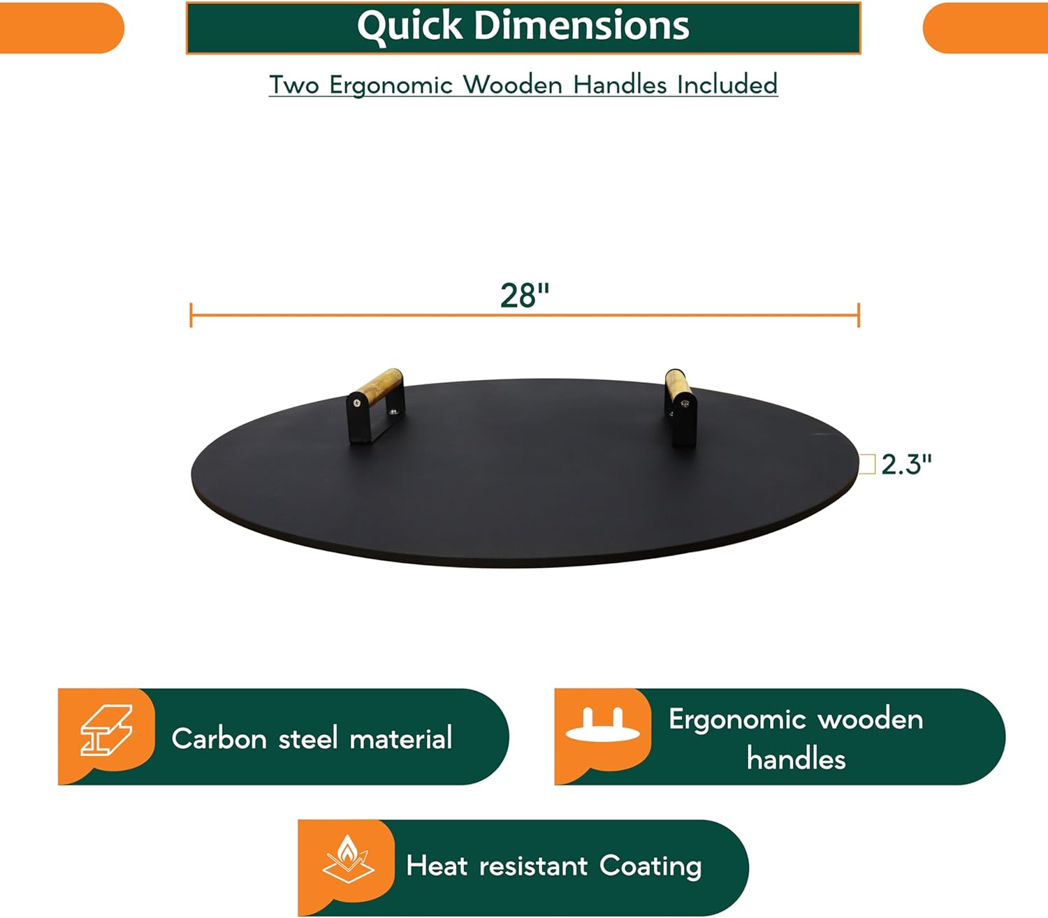 Round Fire Pit Lid - 28 inch fire pit cover Metal with Wooden Handles - Fits for Bonfire Pits or Propane Fire Pit Fire Tables, Weather Resistance Outdoor Firepit & Smokeless Fire Pit Cover as Tabletop