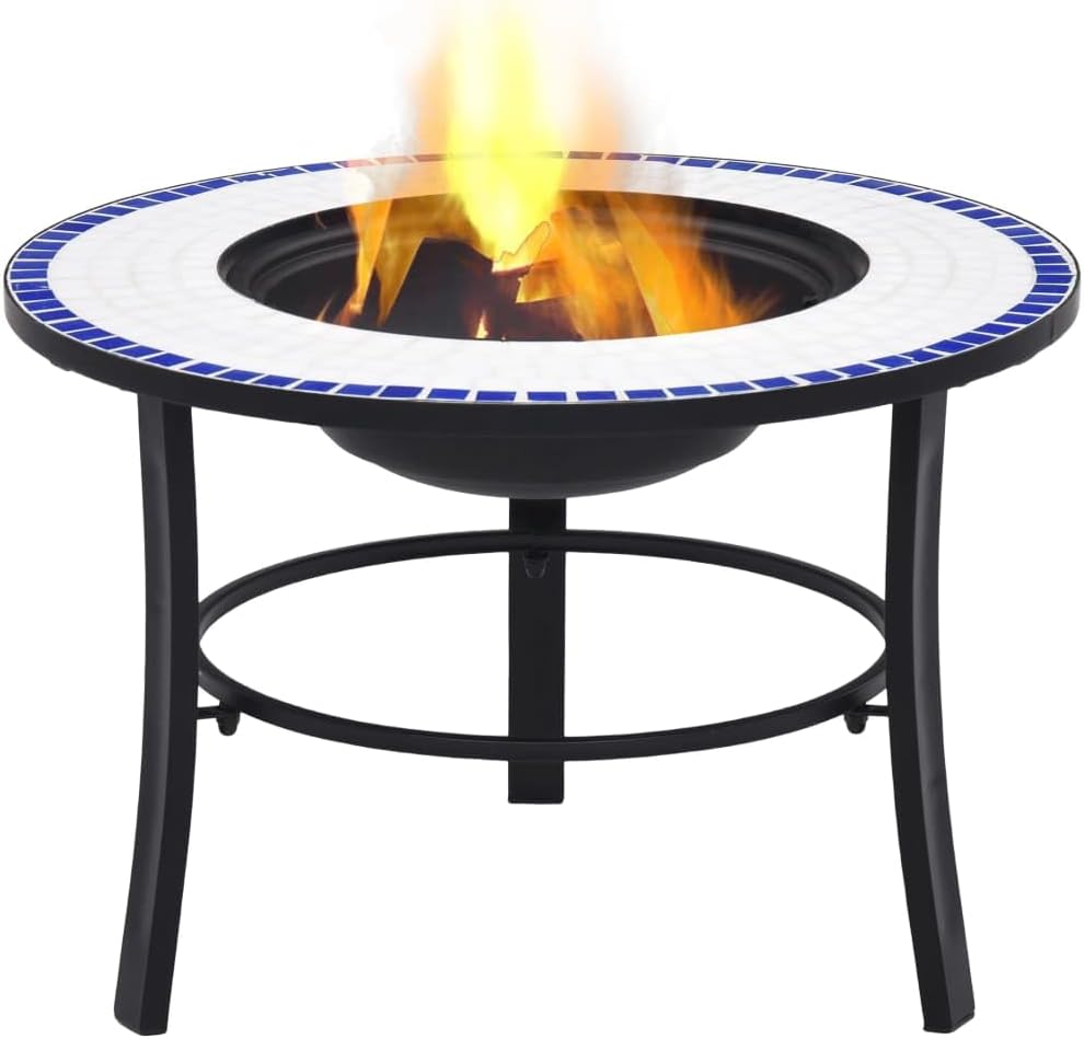 Mosaic Fire Pit Blue and White Steel Fire Pit Bowl with Grid and Tabletop for Outdoor Heating and BBQ Use 26.8