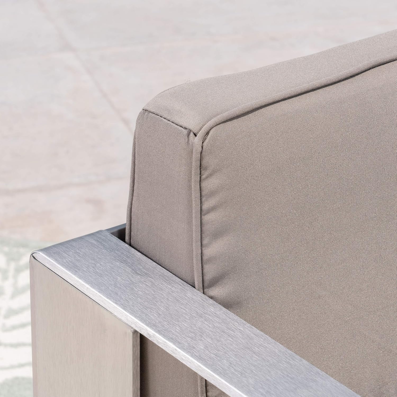 Great Deal Furniture GDFStudio Outdoor 4-Seater Aluminum Chat Set with Fire Pit and Tank Holder, Silver with Khaki and Light Gray