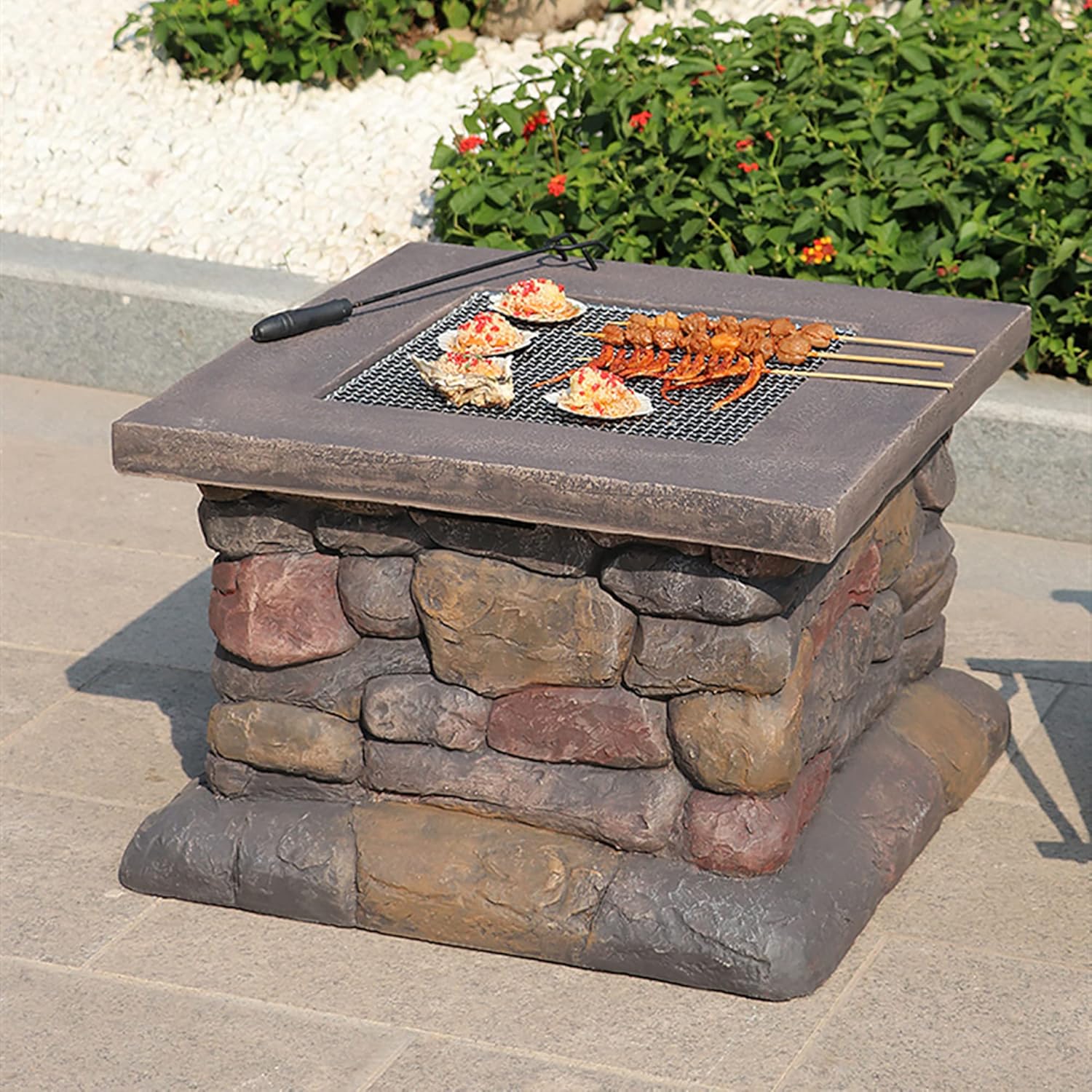 Wood Burning Fire Pit, Outdoor Fire Pits Table,Spark Screen Cooking Grate Poker, Patio Bonfire BBQ Grill Firepit Bowl