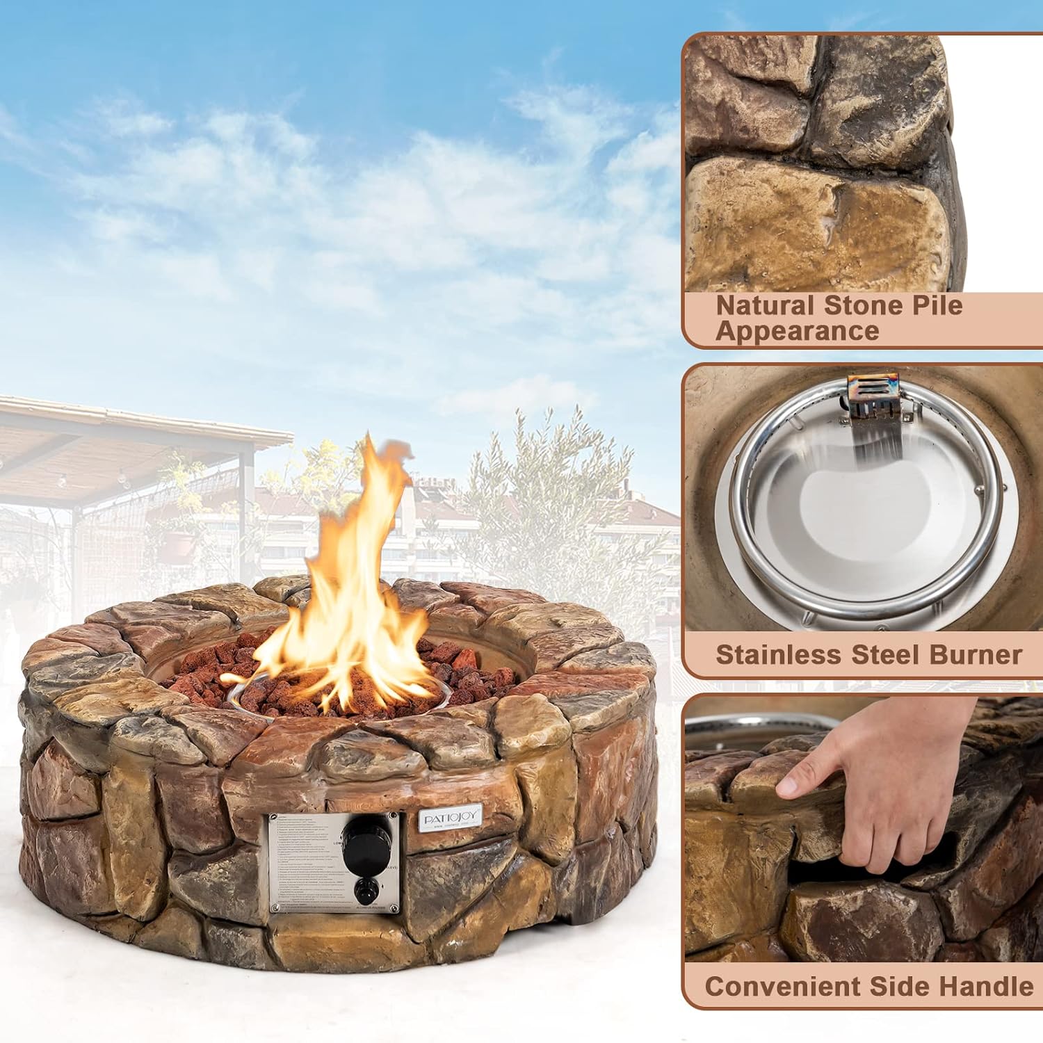 S AFSTAR Propane 40,000 BTU Gas Fire Pit Stone, Outdoor Gas Burner w/Electronic Ignition Lava Rocks, Weather-Resistant Pit Cover, Ideal for Patio Garden Backyard Deck, Gas Fire Pit Table (Brown)