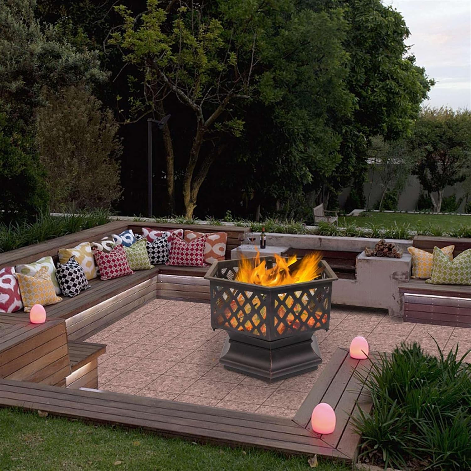 22” Hexagonal Outdoor Fire Pit, Wood Burning Fire Bowl with Spark Screen Cover, Large Bonfire Pit Portable Firepit for Outside Camping Garden Patio Backyard