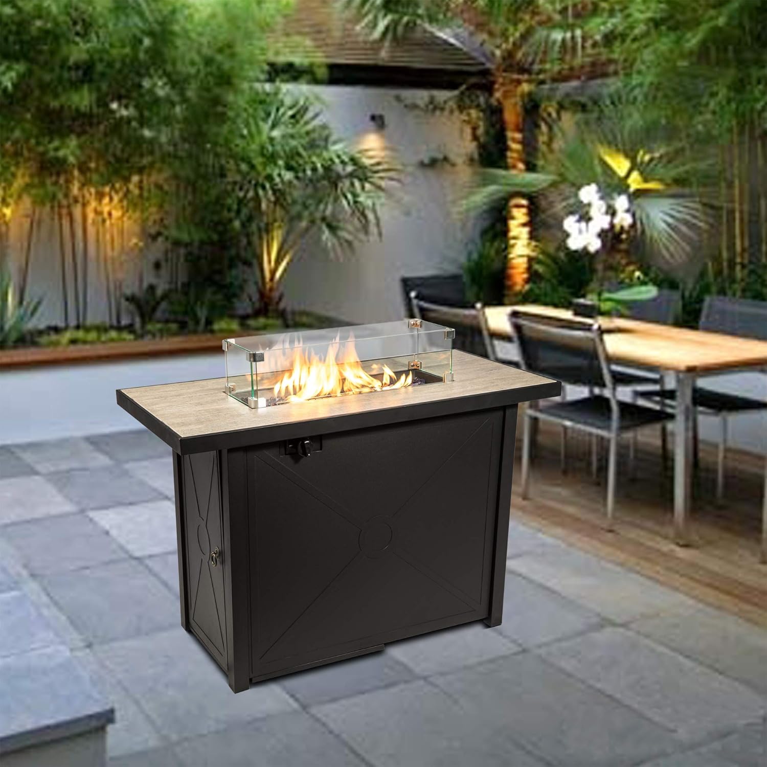 Teamson Home 40,000 BTU Rectangular Steel Outdoor Fire Pit Table Outside Propane Gas Firepit Tabletop with PE Wicker Base, 8.8 Pounds Lava Rocks, and PVC Cover for Patio Deck Backyard, 42 Inch, Black