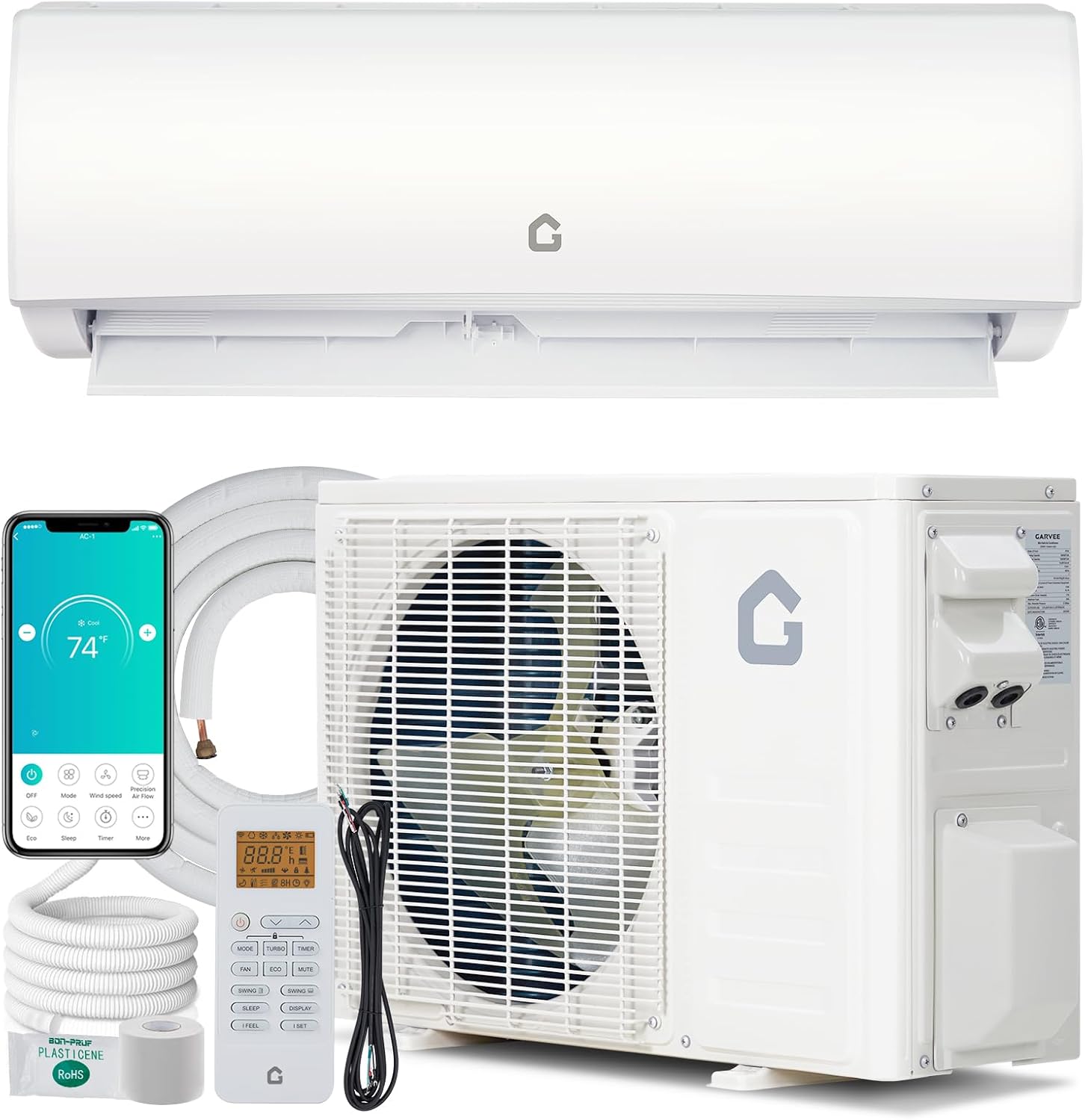 9000BTU Mini Split Air Conditioner& Heater, 20 SEER2 208-230V Wall-Mounted Ductless AC Unit Cools Rooms Up to 450 Sq. Ft, Inverter AC with WiFi, Remote Control, Installation Kit