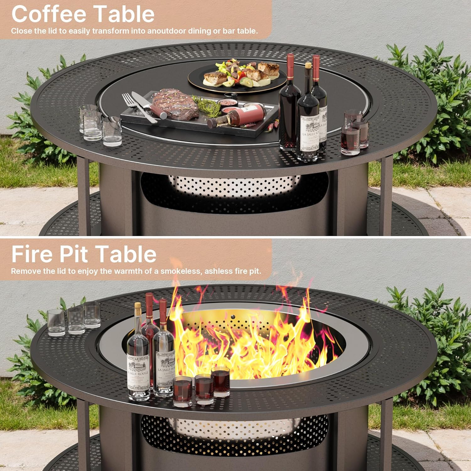 ALAULM 37 Inch Smokeless Fire Pit Tabletop, Stainless Steel Wood Burning Firepit for Outdoor Patio, Includes Weather-Resistant Cover