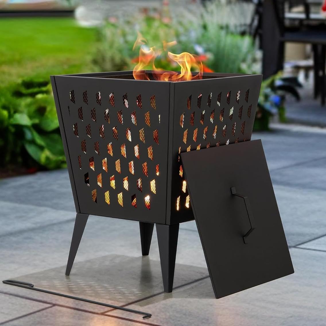 Sunjoy 18 in. Hartefeld Fire Pit, Steel Outdoor Patio Fire Pit Wood Burning Backyard Firepit with PVC Cover and Fire Poker