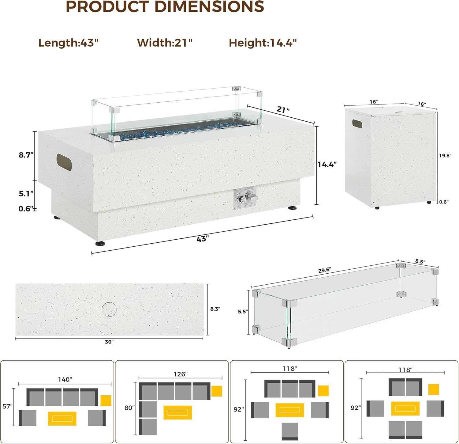 IRONCK 43-inch Outdoor Propane Fire Pit Table w Tank Table, CSA Certified, 2 in 1 Rectangular Patio Fire Pit w Glass Rocks, Wind Guard and Cover, 50000 BTU Outdoor Heater for Garden, Pool, White