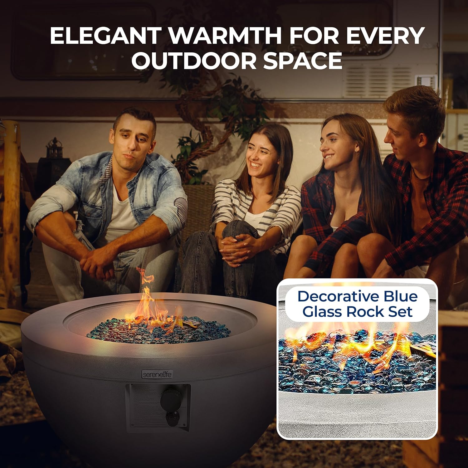 SereneLife 40,000 BTU Propane Fire Pit Table, Round Gas Fire Table with Adjustable Flame Height, Weather Resistant, Blue Glass Rocks, Safe and ETL Certified for Outdoor Use, 30