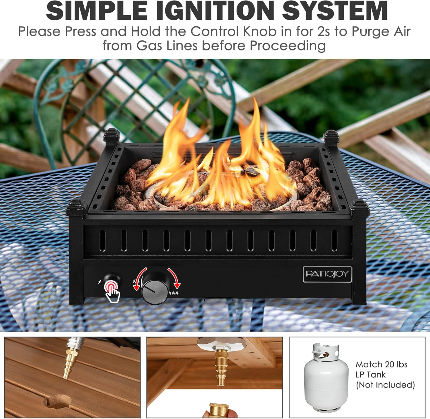 Tangkula Portable Tabletop Propane Fire Pit, Patiojoy 40,000 BTU Table Top Fireplace with Simple Ignition System, Adjustable Flame, Square Propane Firepit Bowl for Outdoors, Fit 2