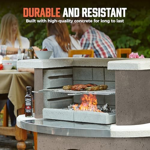Concrete Outdoor Fireplace with Grill, Wood Burning Fireplace with Wood Storage and Chimney, Include Grill Rack & Charcoal Pan, 36.6