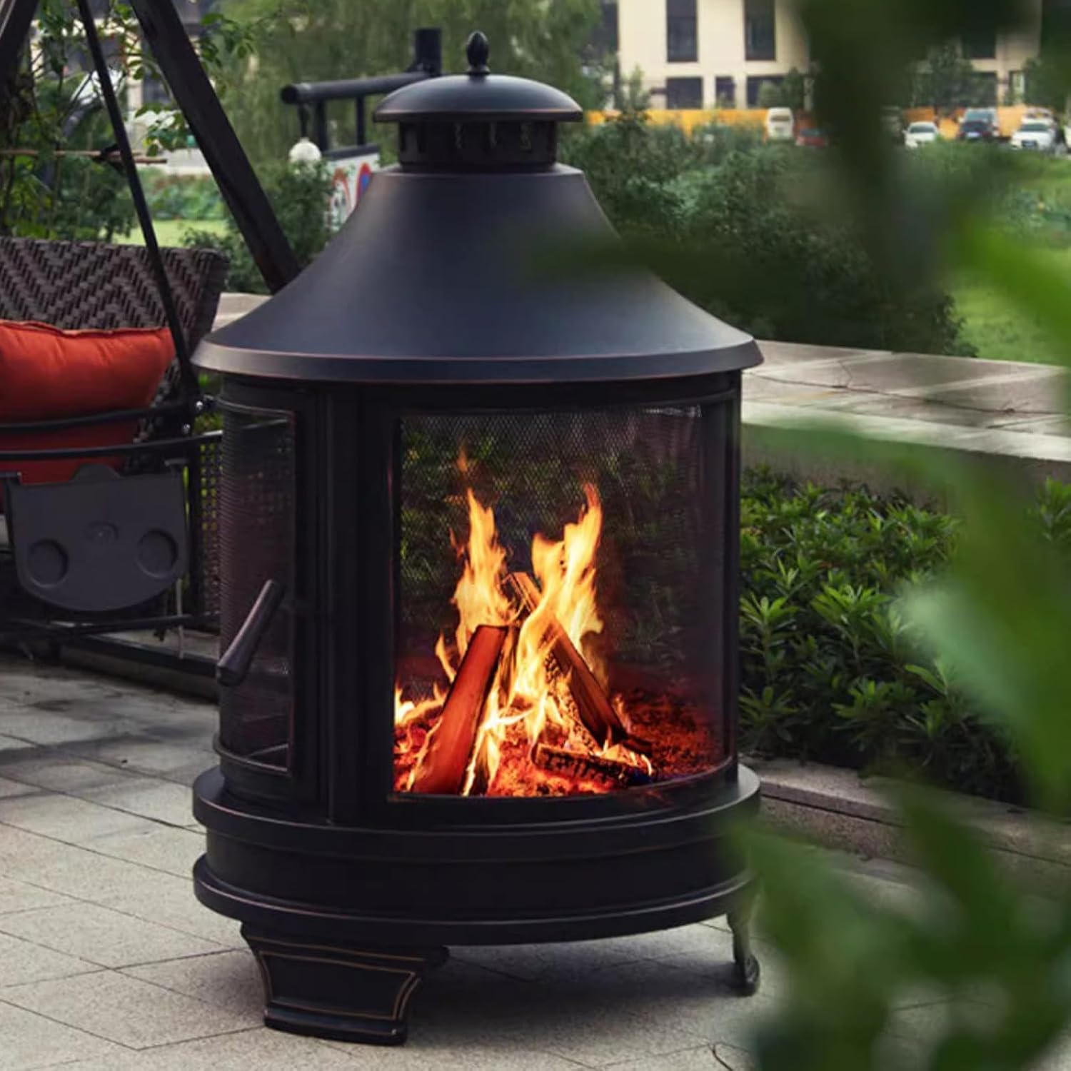 Fire Pit Chiminea, 30'' x 49'' Large Chiminea Fireplace with Mesh Spark Screen Doors & Fire Poker, Outside Wood Burning Fire Pit for Patio, Lawn, Backyard