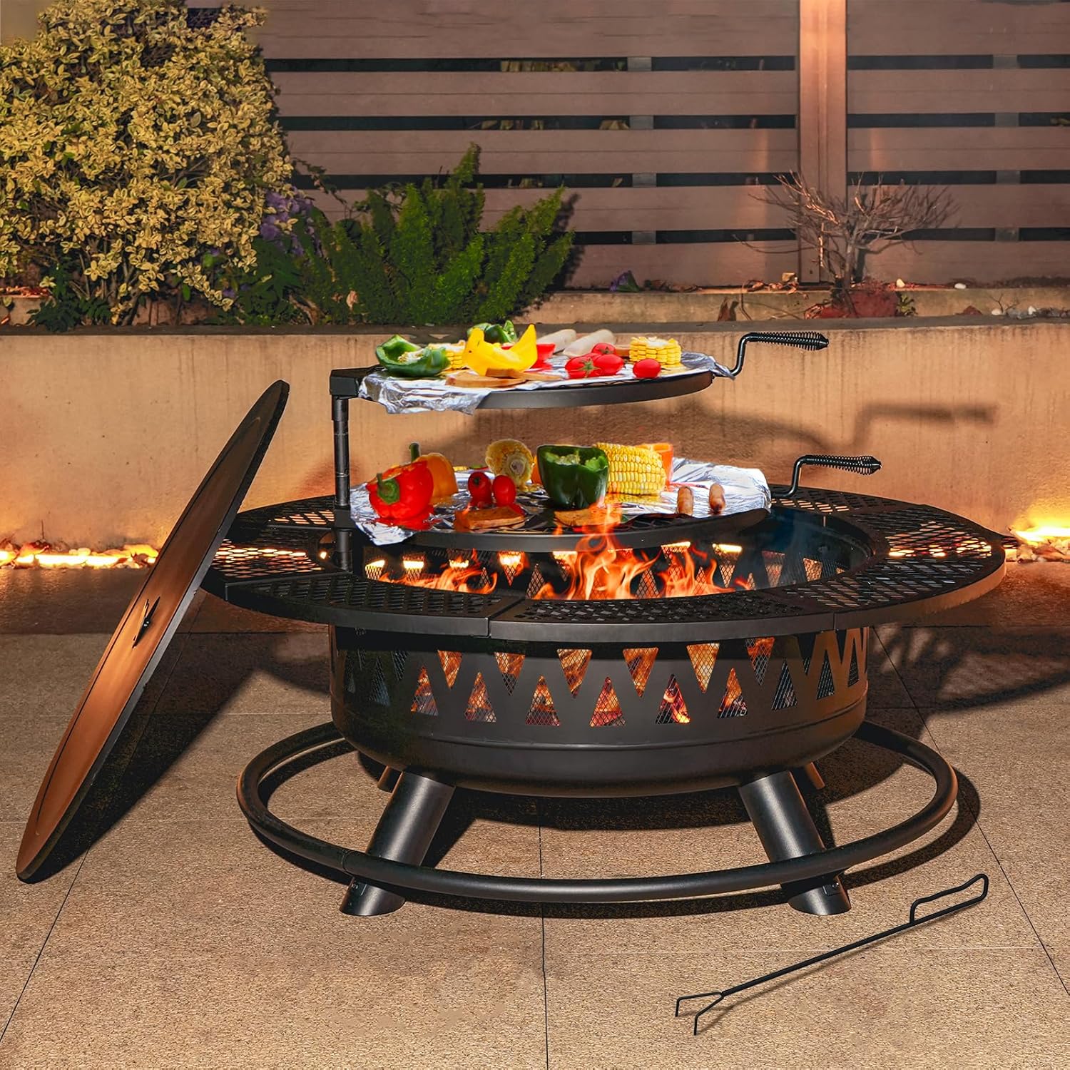 42 Inch Fire Pit with 2 Grills, Large Outdoor Firepits for Outside, Wood Burning Fireplace for Camping,Picnic,Bonfire, 3-in-1 Round Metal Table with Lid for Backyard,Patio,Party
