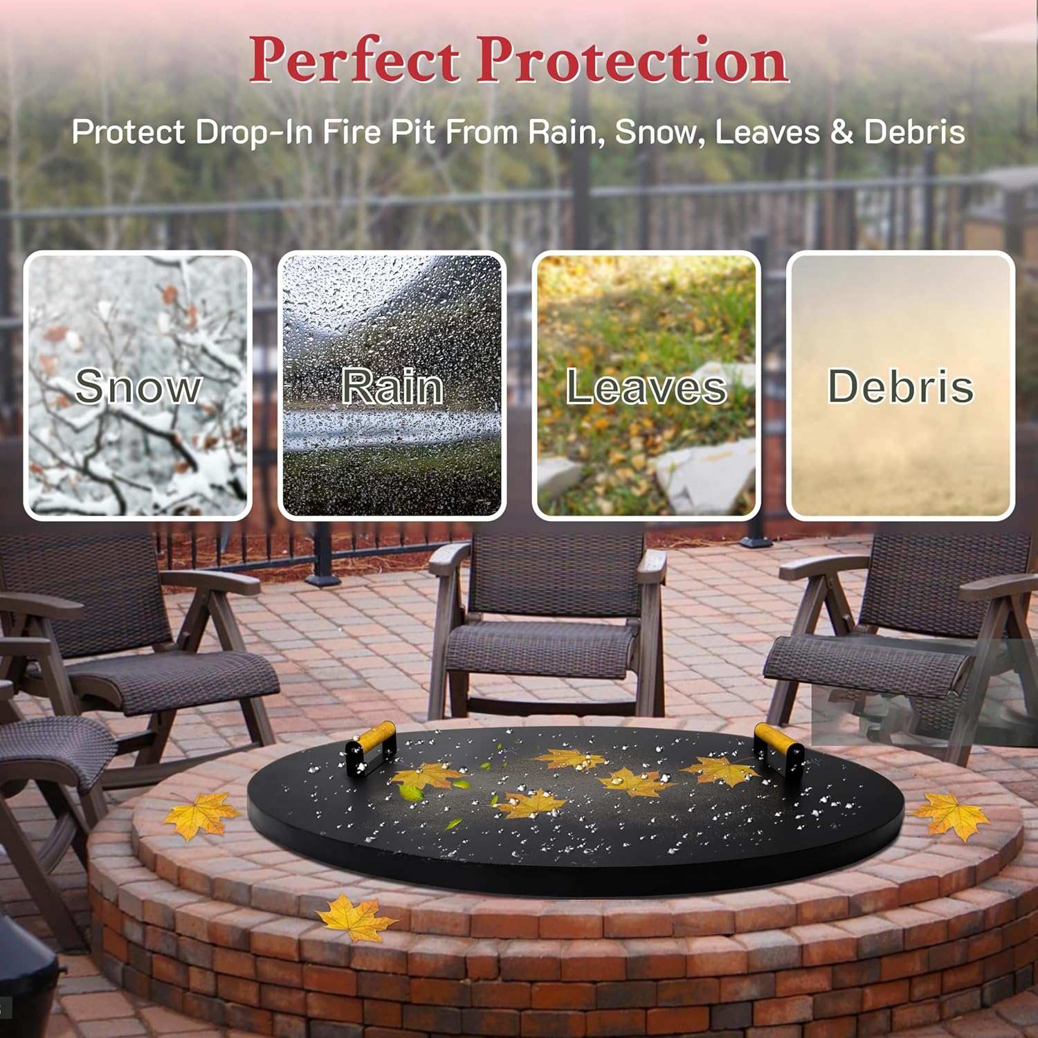 28” firepit lid round for inside up to 26” gas fire pit lid for Outdoor Fireplace Cover - Steel fire pit metal cover W/ 2 Wooden Handles & Powder Coated Snuffer Lid for Round Patio FirePit Ring