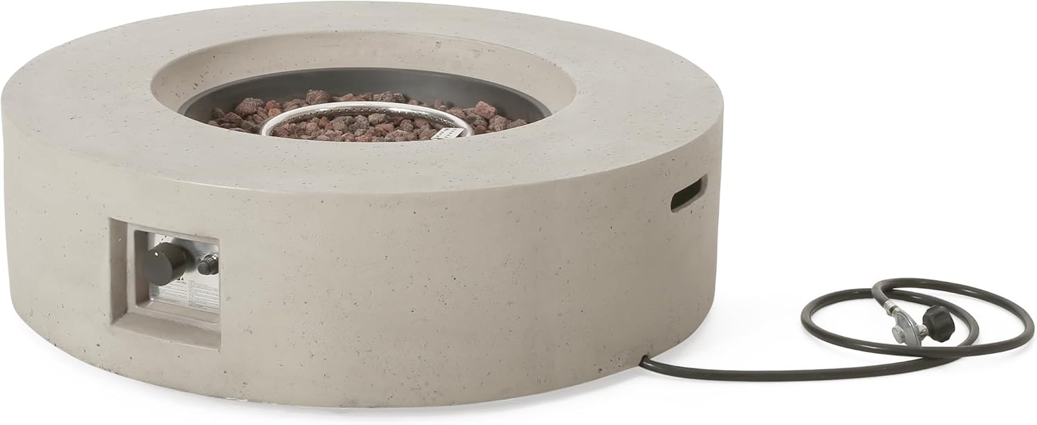 Outdoor 50,000 BTU Round Concrete Propane Fire Pit, Light Grey (Tank Cover not Included)