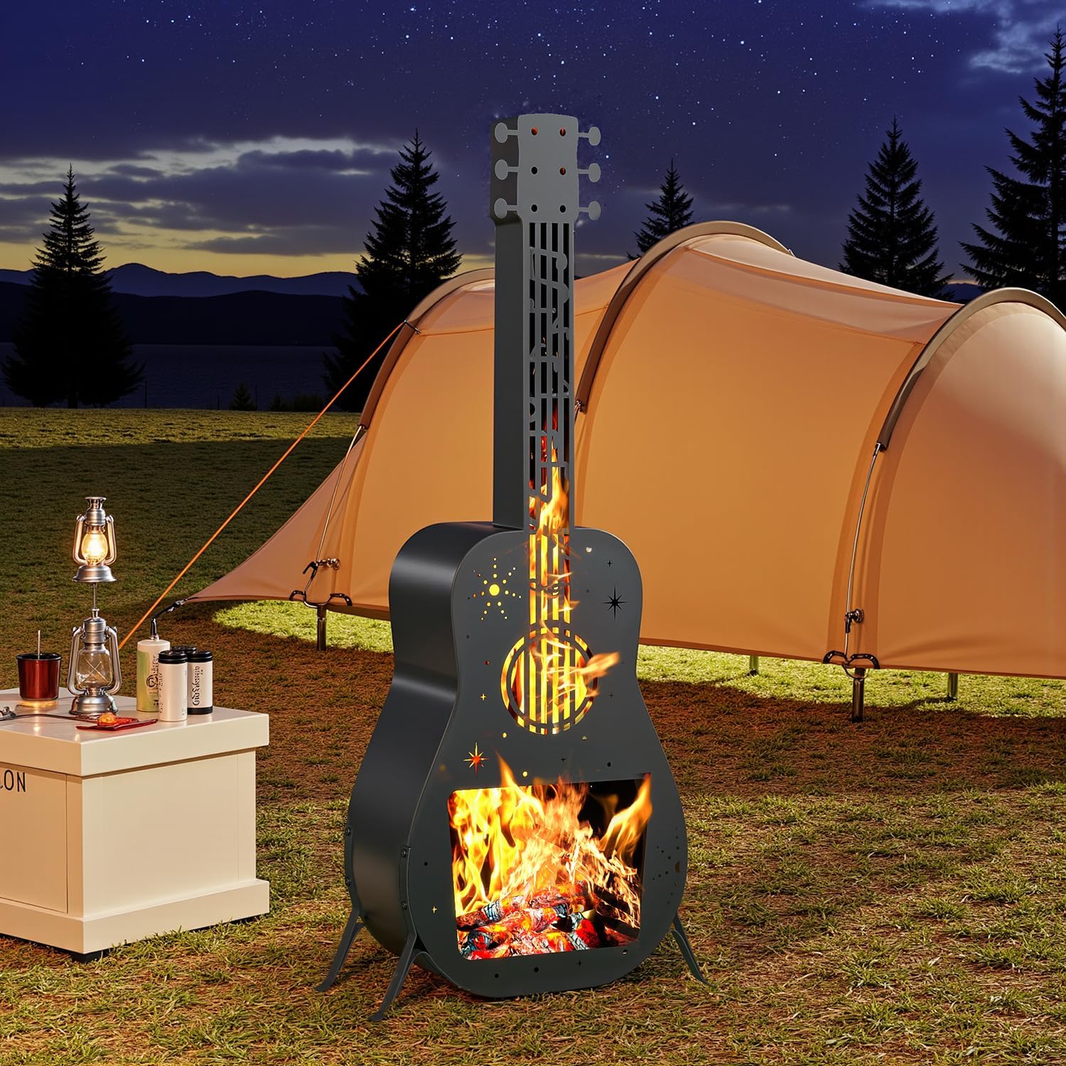 Outdoor Fire Pit for Wood Burning, Fire Pits for Outside, Guitar Shaped Chiminea Outdoor Fireplace, Wood Firepit for Patio, Portable Fire Pit for Camping