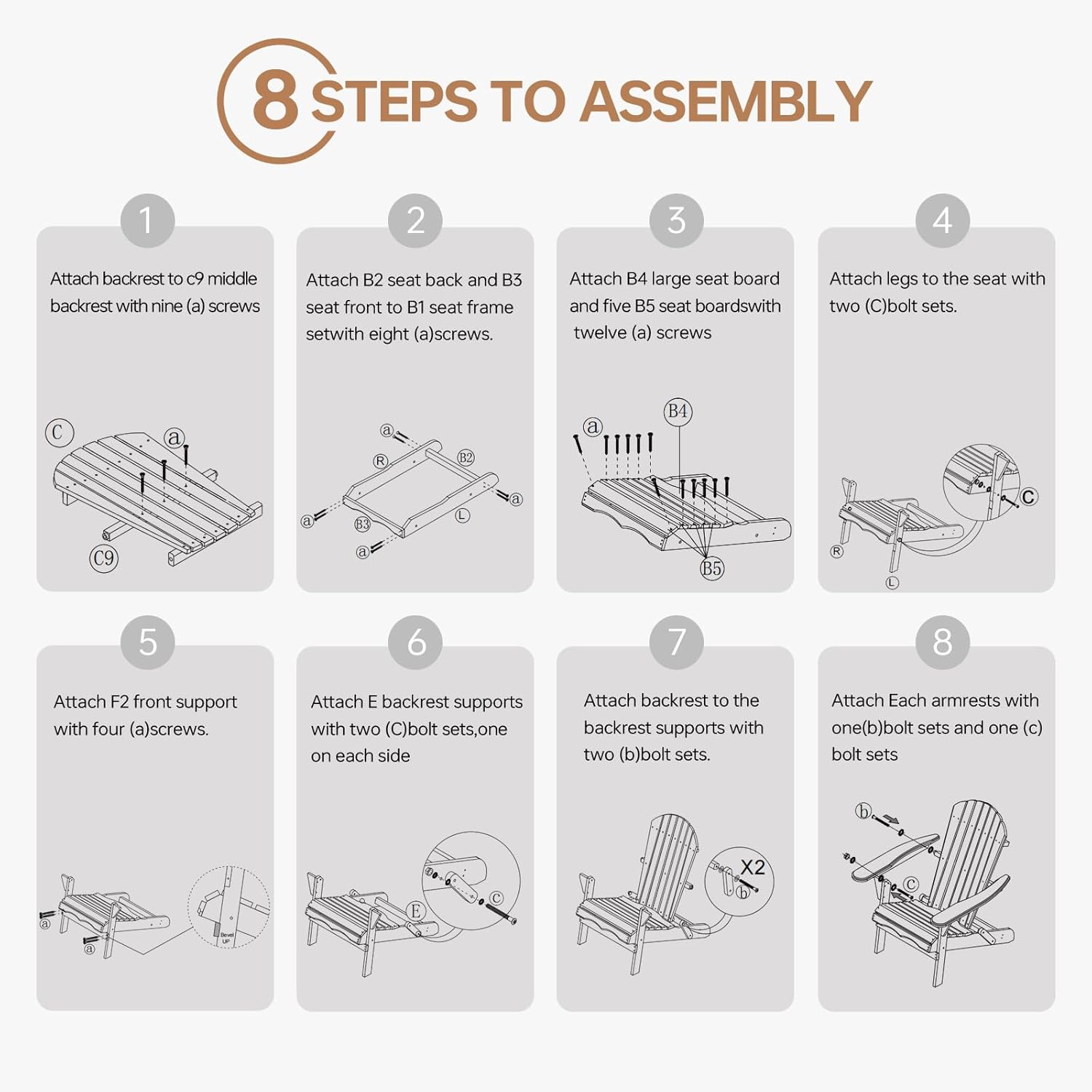 Folding Adirondack Chair Set of 2, Solid Wood All-Weather Fire Pit Chairs with Pre-Assembled Backrest & Seat Board for Deck Backyard Patio Outdoor, Light Brown