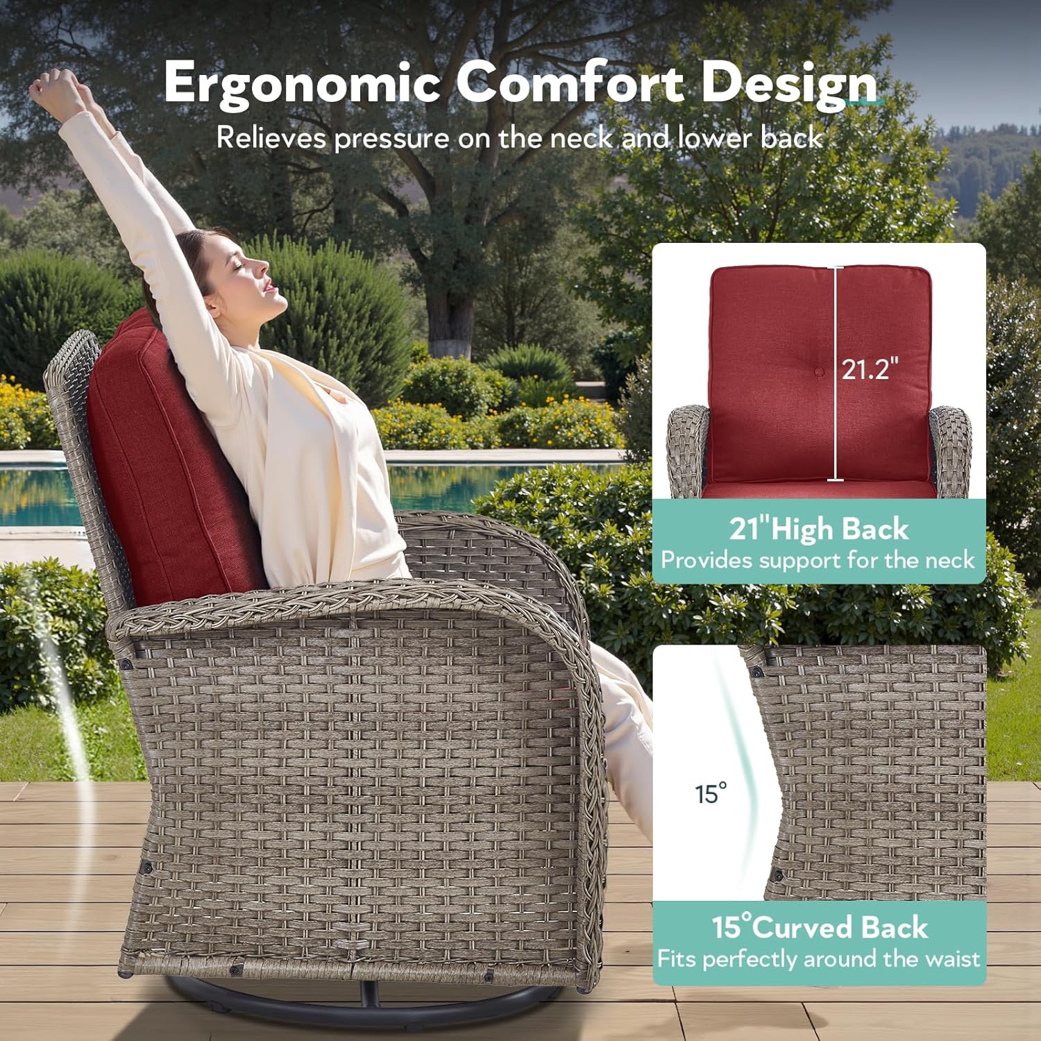 7 Piece Patio Furniture Set with Fire Pit Table - Wicker Patio Conversation Set with 4 Swivel Glider Chairs and 2 Tempered Glass Side Tables for Deck Backyard - Grey Wicker Red Cushion