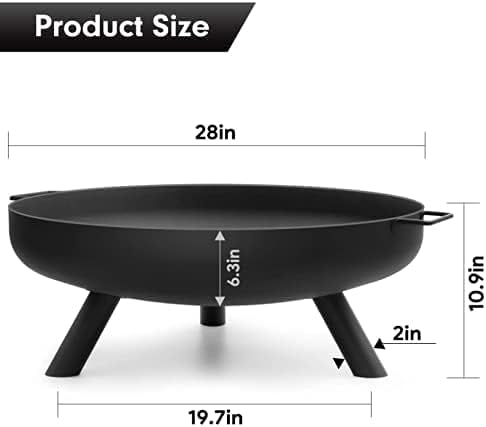 Fire Pit Outdoor Wood Burning Fire Bowl 28in with A Drain Hole Fireplace Extra Deep Large Round Cast Iron Outside Backyard Deck Camping Beach Heavy Duty Metal Grate Rustproof Black