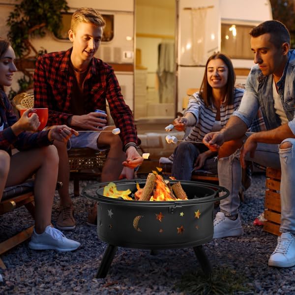 30IN Metal Fire Pit, Outdoor Black Fire Pit with Mesh Screen Lid & Poker, Heavy Duty Iron Fire Bowl for Patio Garden Backyard, Fireplace for Warmth & Camping Bonfire