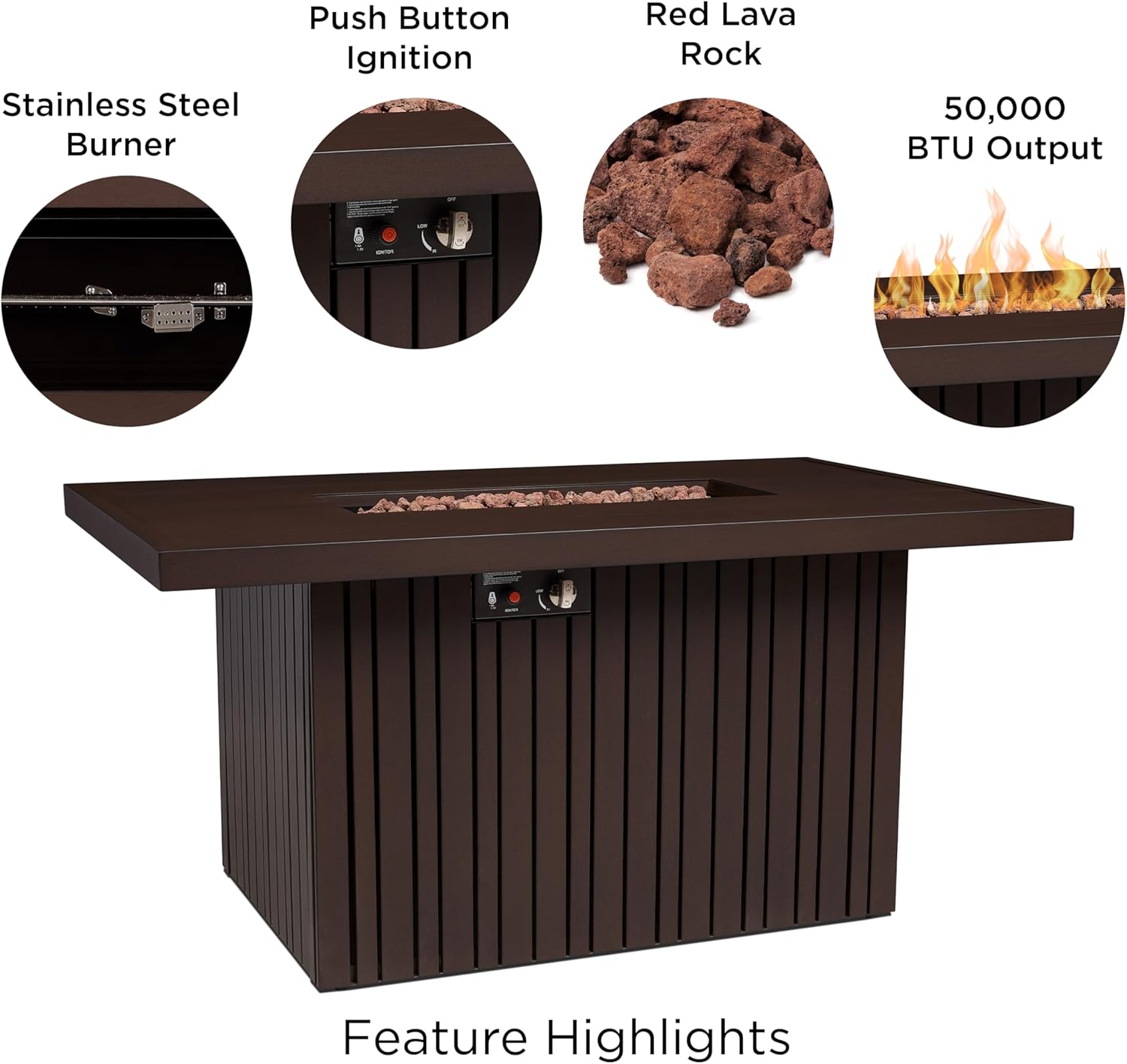 Real Flame Calvin 52in Rectangle Propane Fire Pit Table, 50,000 BTU, Hidden Tank Storage, Aluminum, Push-Button Ignition, CSA Certified, Lava Rock, Storage Cover, Stainless Steel Burner with Lid