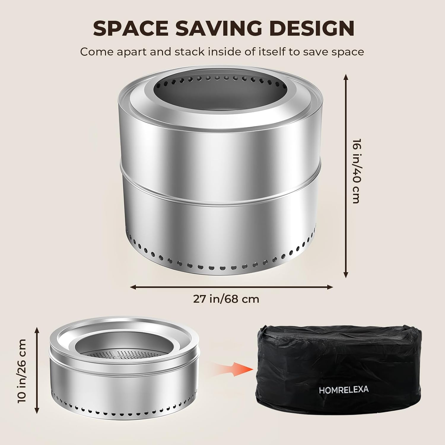 27 inch Smokeless Fire Pit, Outdoor Stainless Steel Smokeless Firepit, Wood Burning Fire Pits for Camping Backyard Patio Garden Picnic, Low Smoke Firepit for Outside