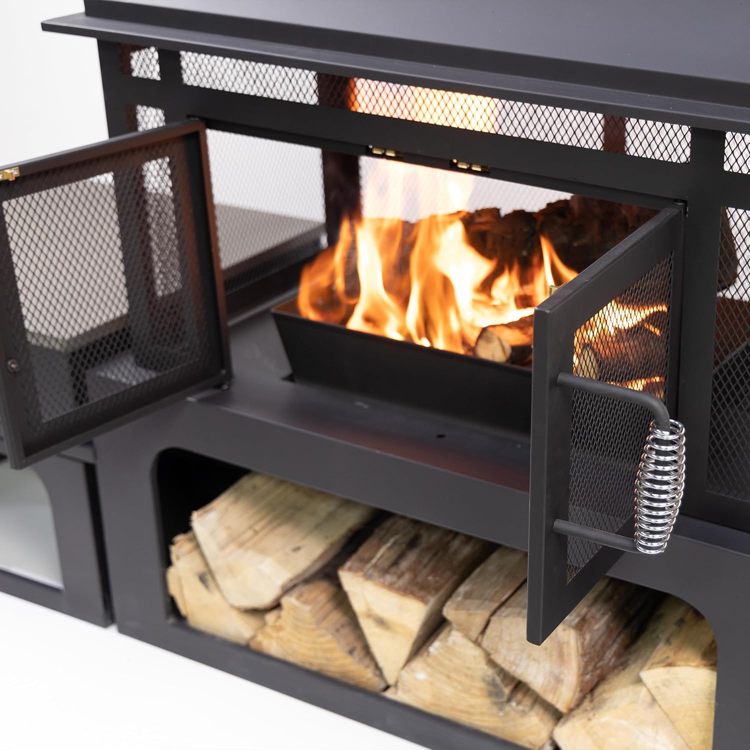 70 Inch Rectangular Outdoor Steel Woodburning Fireplace with Side Tables - Integrated Log Storage and Log Poker