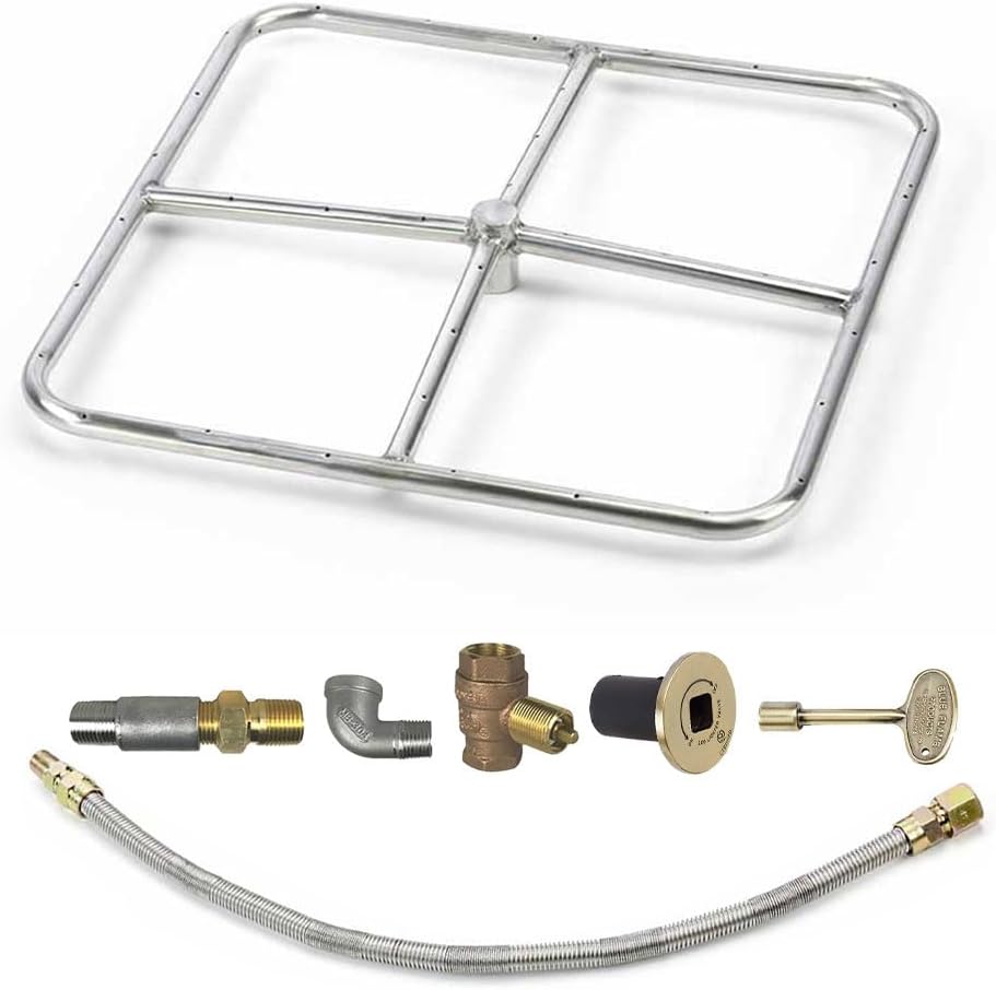 HPC Square Match Lit Fire Pit Burner Kit (FPSSQ36HCKIT-PAN-LP-MSCB) with 48x48-Inch Burner and 56x56-Inch Flat Pan, Propane, Polished Chrome, with Flange, Key, Valve, Flex Line and Fittings