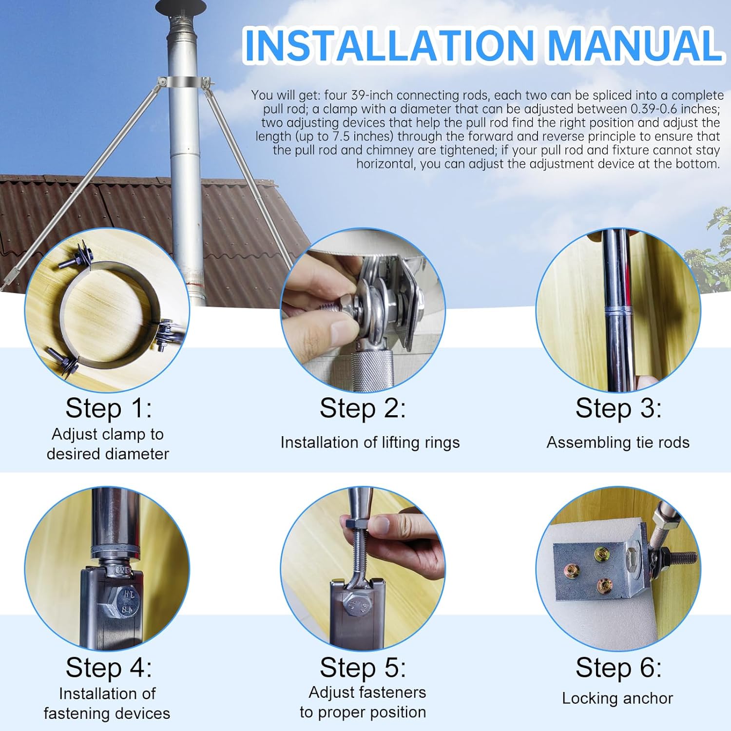 10” Stainless Steel Adjustable Extended Chimney Roof Support Kit - Heavy-Duty Windproof & Snow-Stable Stove Pipe System for Enhanced Chimney Safety